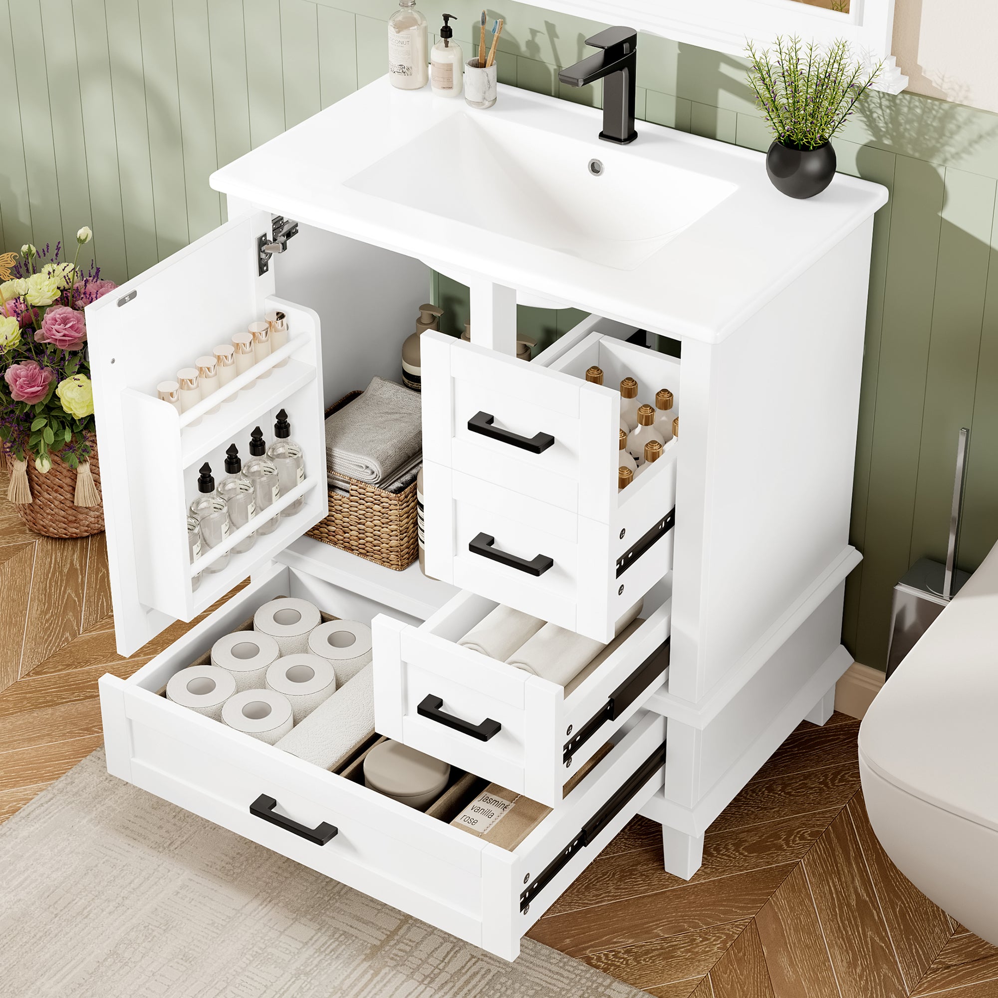 Meble łazienkowe na nogach - z ceramiczną umywalką - 1 drzwi i 3 szuflady - Biały (bateria nie jest dołączona)