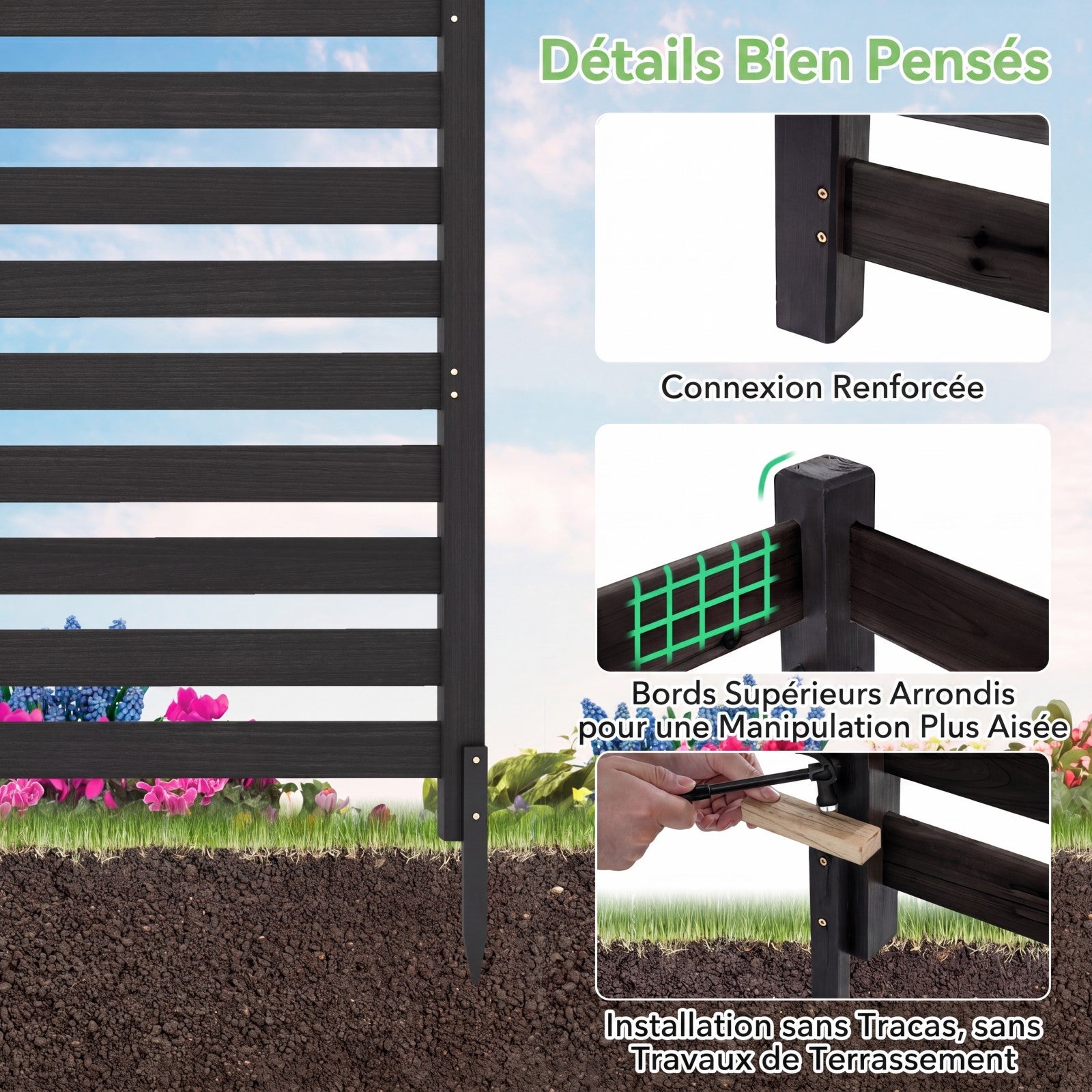 Clôture Jardin 2 Panneaux, Barriere Jardin à Lattes Modulable en Bois de Sapin avec Piquets, pour Poubelle, Climatiseur, 99x99x107CM, Noir - 8