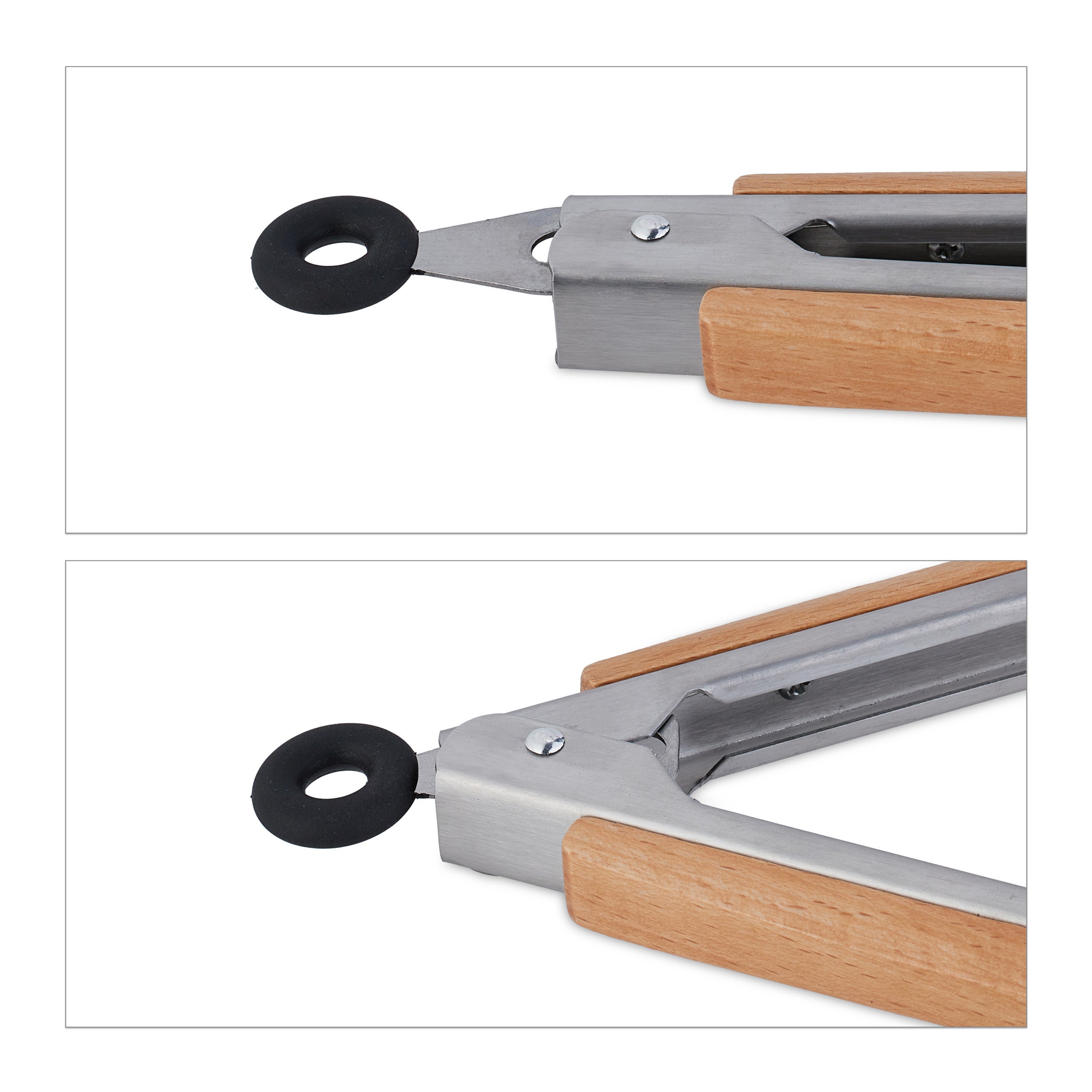 Pince de barbecue, lot de 6, long ustensile pour le grill, 38 cm, poignée en bois, acier inoxydable, argent/nature - 6