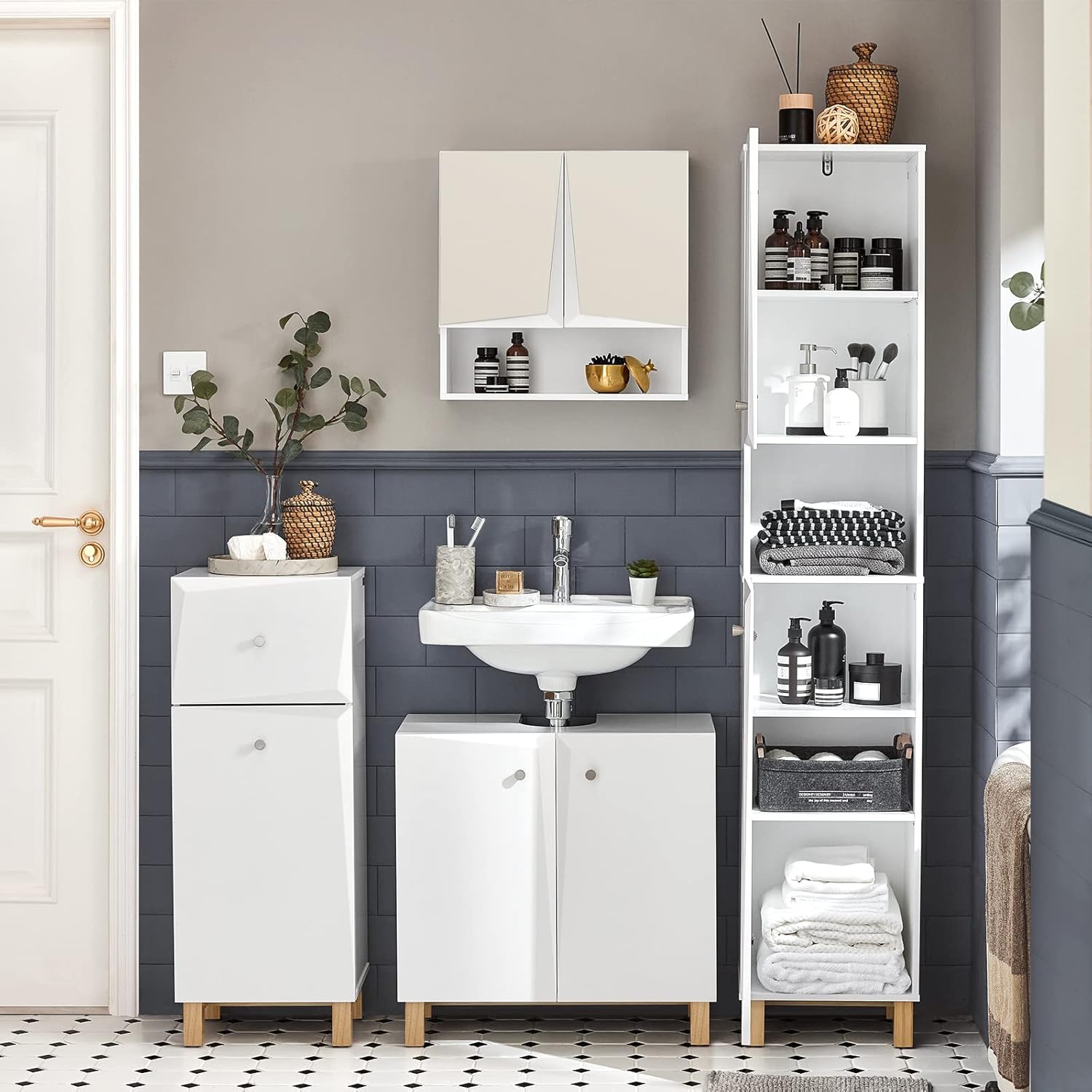 Armario Alto de Baño Mueble Baño Auxiliar Columna de Baño con 1 Comportamiento Abierto y 2 Puertas 34 x 30 x 170,5cm BZR91-W SoBuy ES - 2