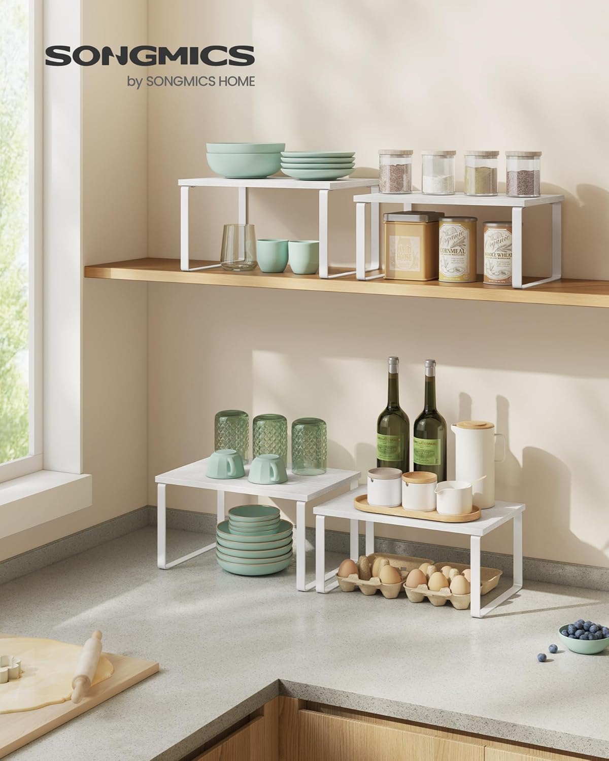 Juego de 4 Estantes de Cocina, para Almacenamiento, Apilables, Expandibles, Metal y Madera de Ingeniería, Blanco Nube y Blanco Nieve - 3