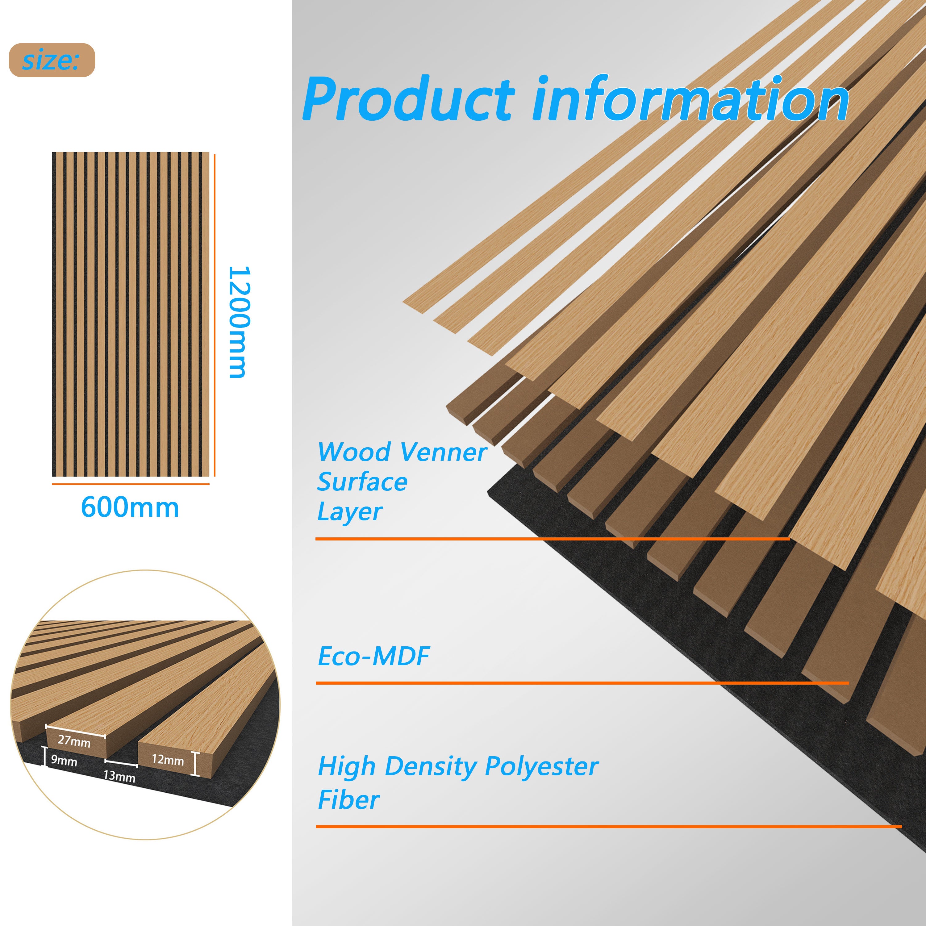 Lot de 2 panneaux muraux acoustiques décoratifs en bois MDF 120 x 60 cm, finition chêne foncé, excellente isolation acoustique, installation simple - 3