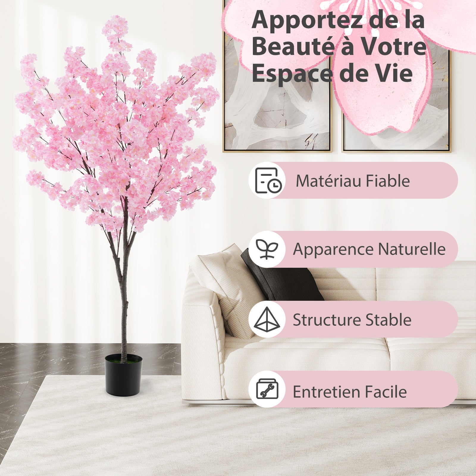 Plante Artificielle en Pot Ciment 190CM avec 900 Fleurs Roses, Fausse Cerisier avec Troncs de PE Simulés, Décoration Moderne pour Salon Bureau - 6