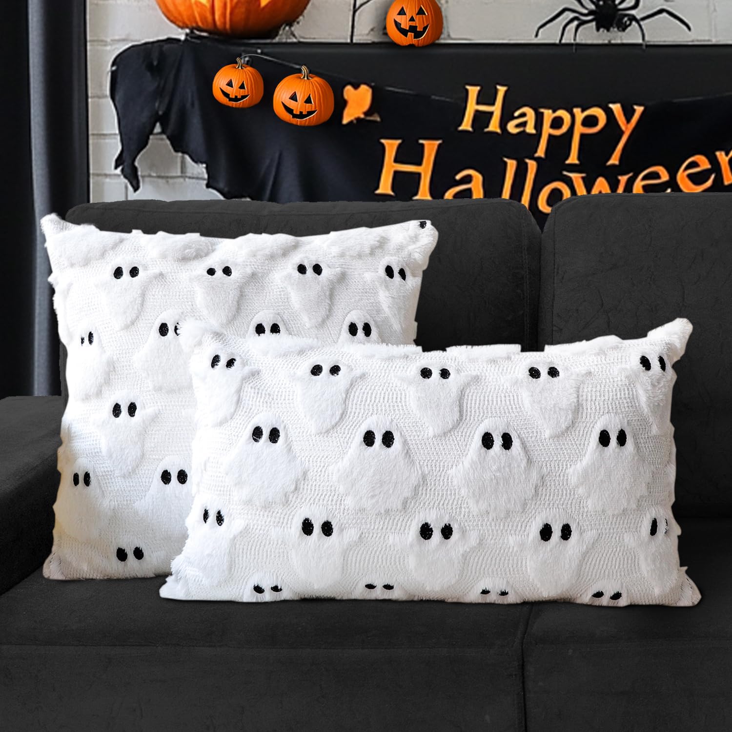 2 taies d'oreiller fantôme Halloween, douces et moelleuses, idéales pour la décoration intérieure, 45 x 45 cm, blanches. - 4