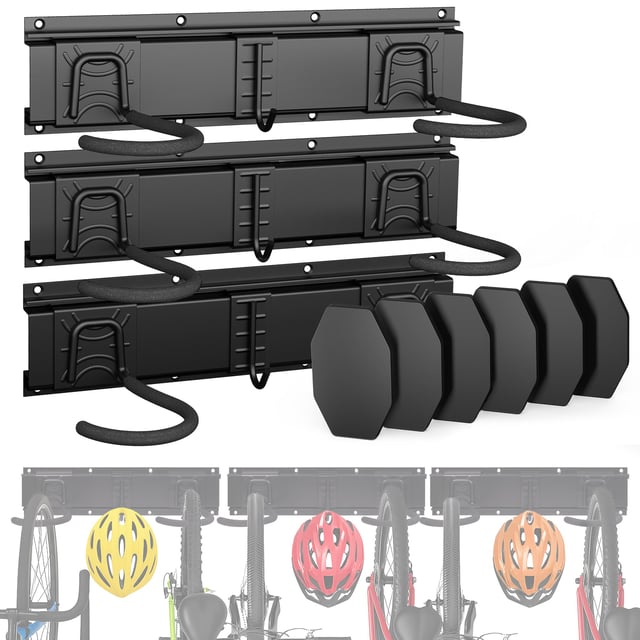 VOUNOT® Port Bici da Muro in Metallo per 6 Biciclette + 3 Caschi con 6 Cuscinetti in Silicone Antimacchia, Nero