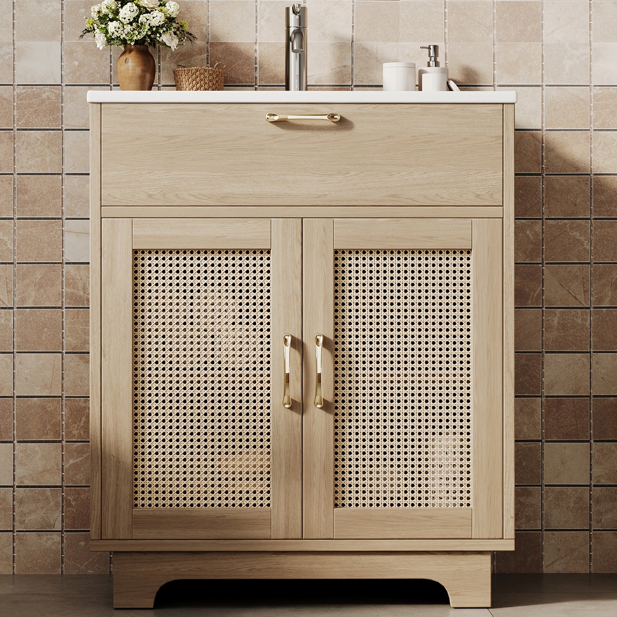 Mueble de baño - conjunto con lavabo de cerámica y puertas de ratán - mdf - natural (76x46x88cm)