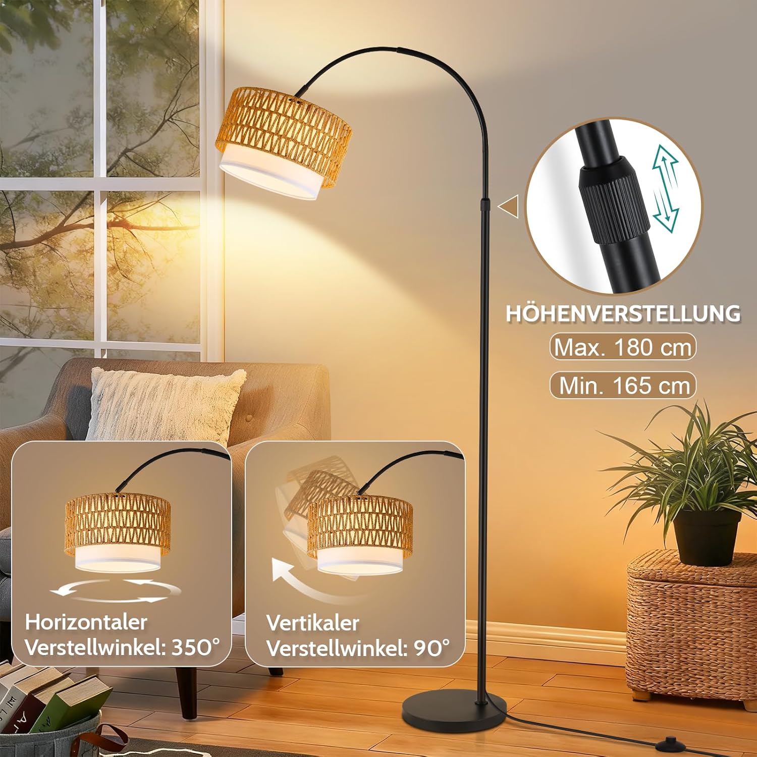 ZMH Lampadaire incurvé vintage noir E27 avec éclairage à intensité variable interrupteur au pied télécommande rotation à 350 degrés pour salon chambre - 3