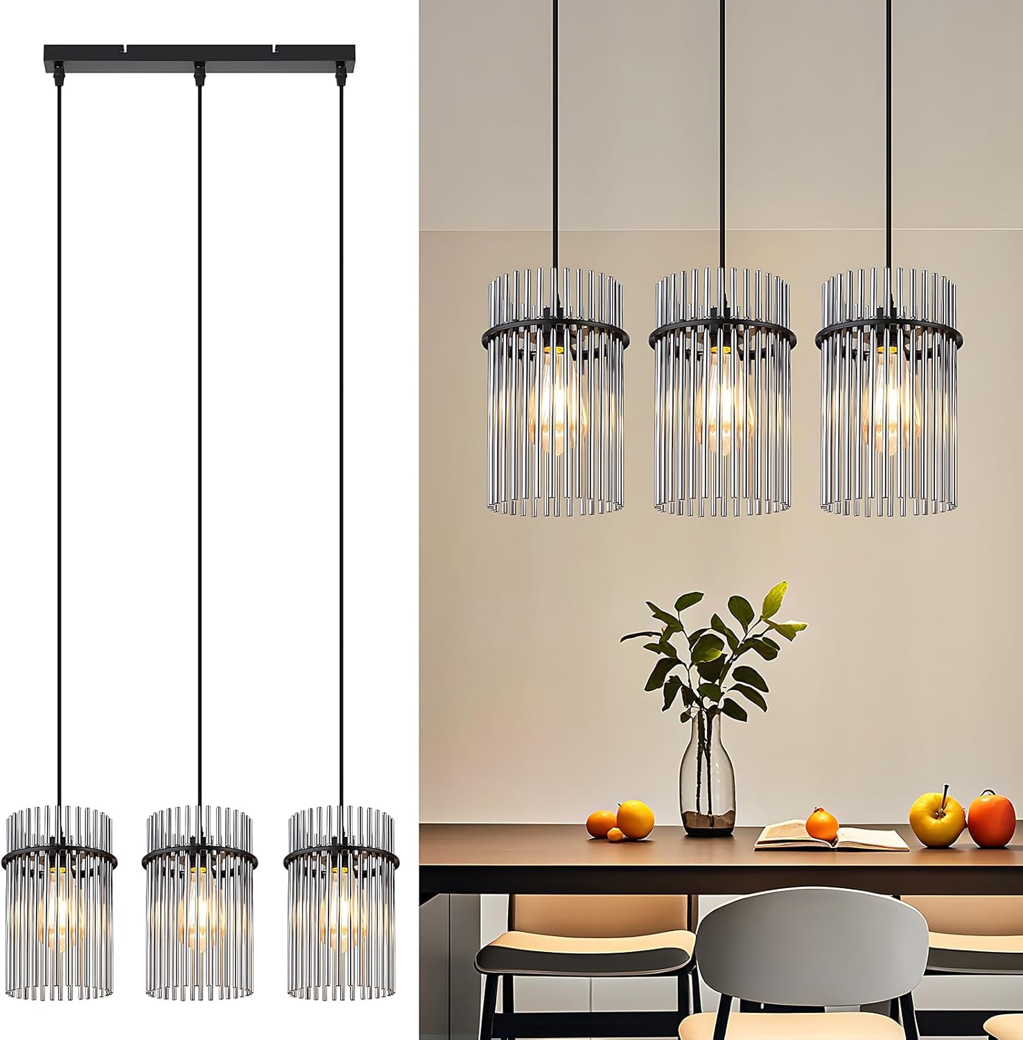 ZMH Lampa wisząca w stylu vintage z trzema żarówkami, czarne szkło, E27 (żarówka nie jest dołączona)