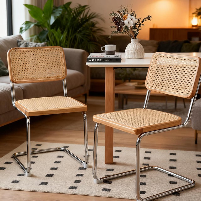 Juego de 2 sillas de comedor, sillas de madera con diseño trenzado y patas cromadas, madera natural