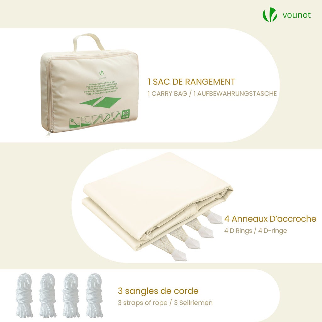 VOUNOT® Vela Ombreggiante Impermeabile Rettangolare 3x2m, Tenda da Sole per Esterno in Polyester con Kit di Fissaggio, Beige - 7