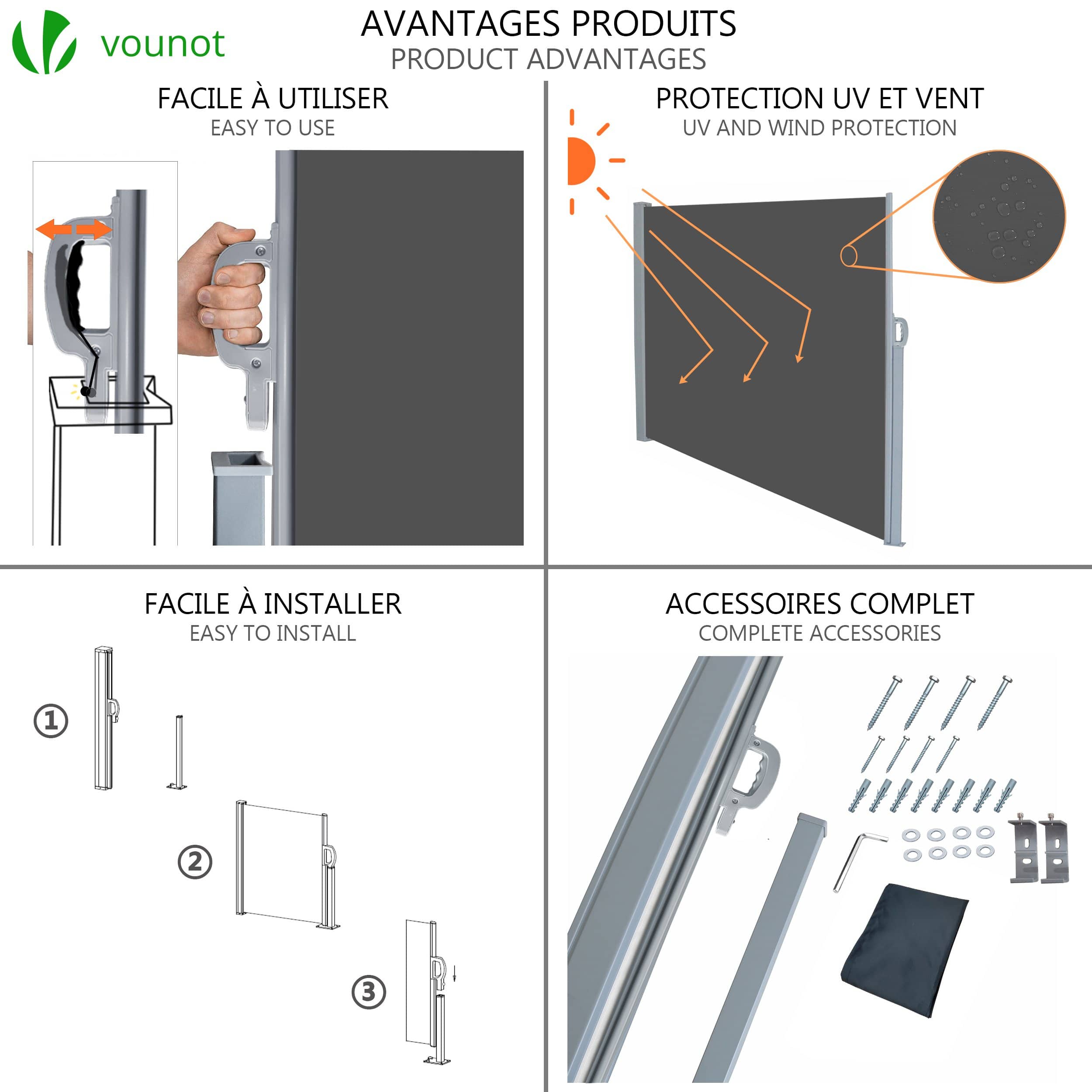 VOUNOT® Paravent extérieur rétractable 160x300cm avec housse de protection - gris - store latéral vertical brise-vue - 3