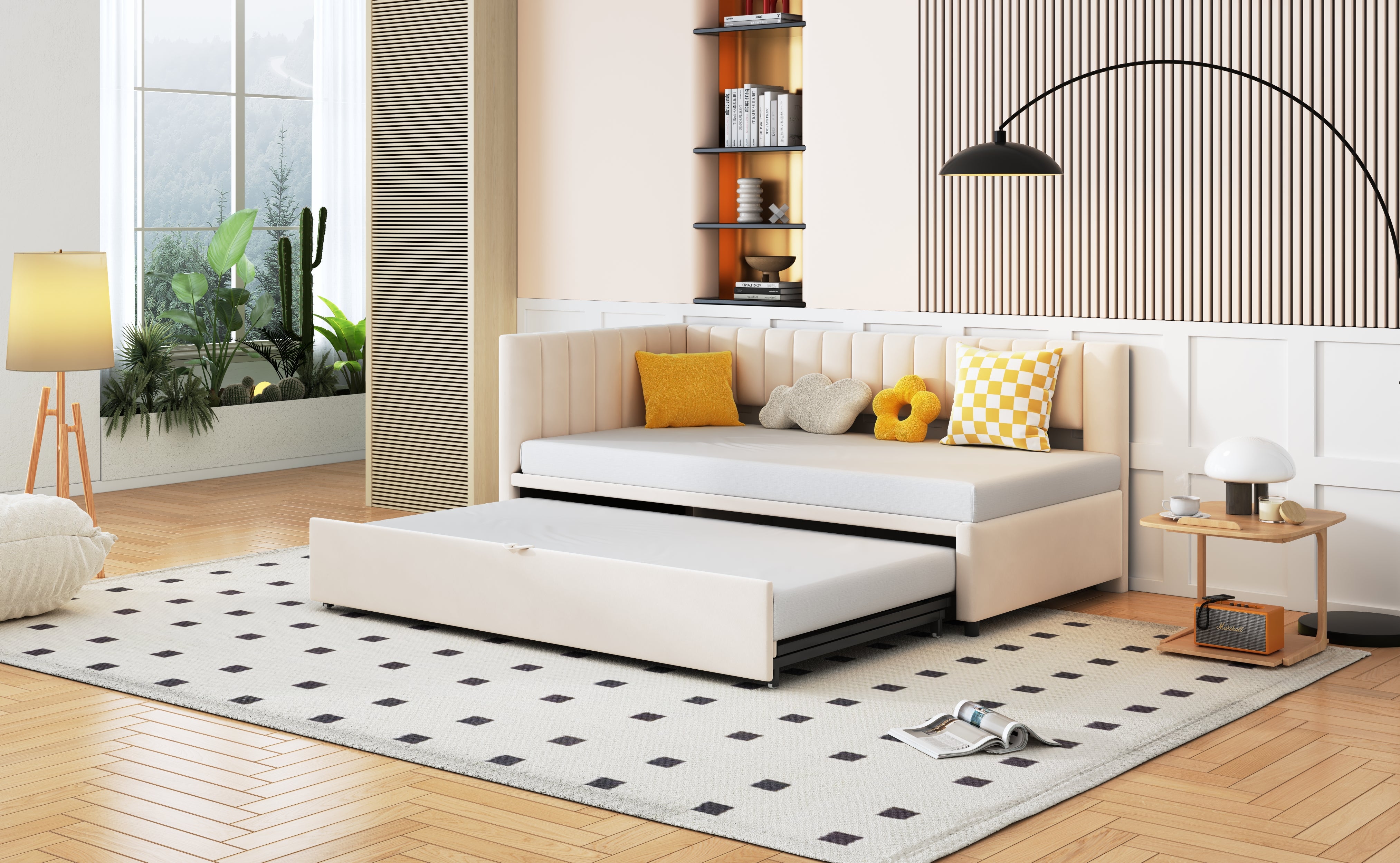 Lit gigogne 90/180 x 200 cm en forme de L, Canapé-lit - Velours - Sommier à lattes - Beige (sans matelas) - 7