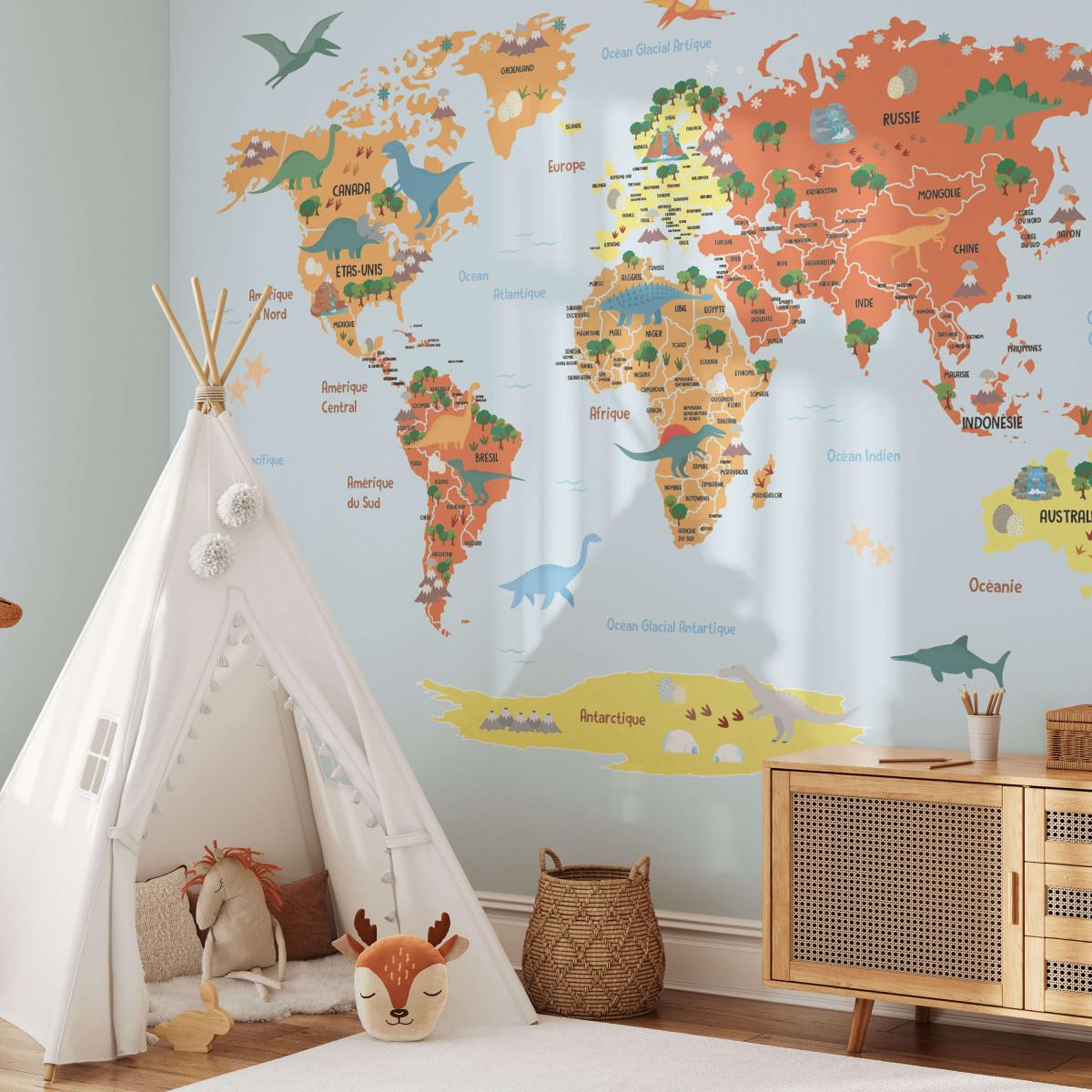 Papier peint pour enfant avec carte du monde et dinosaures - 170x260 cm ...