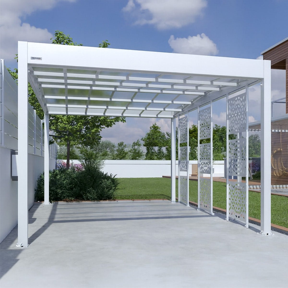 Carport aluminium Blanc Trigano - LIBECCIO + 3 claustras - 16 m² - Fabriqué en France - 2
