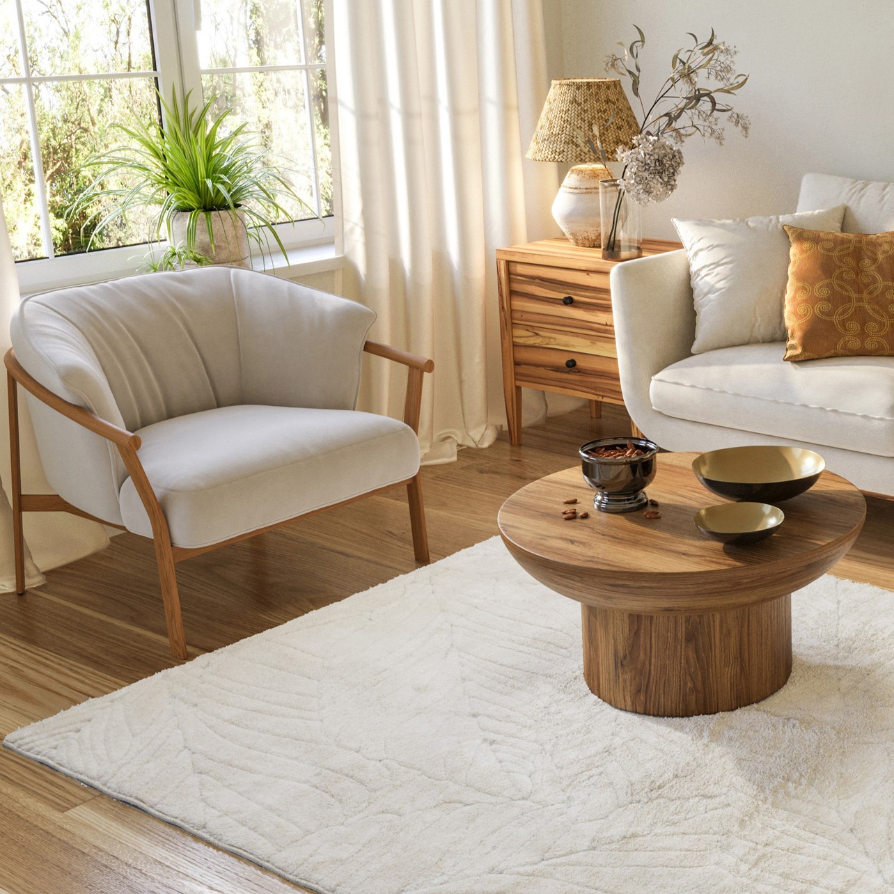 Dywan pluszowy Botanic Liście 160x230 cm Liście OEKO-TEX kremowy