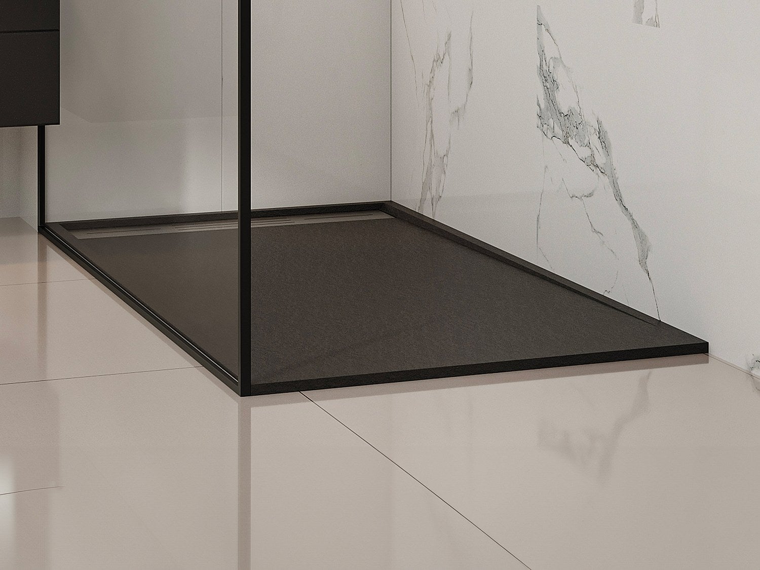 Brodzik posadzkowy lub wpuszczany w posadzkę z żywicy z syfonem - Czarny - 160 x 90 cm - LYROSA