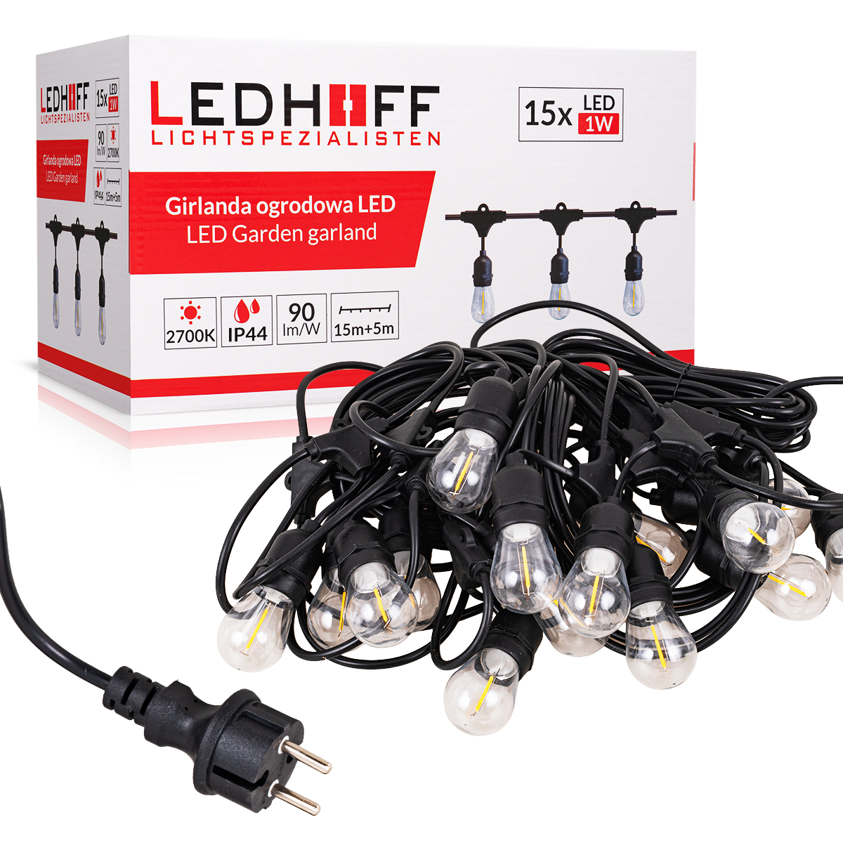 Girlanda świetlna LED ogrodowa 20 żarówek E27 Filament Oświetlenie zewnętrzne 15m Czarne Wodoodporne lampki - LEDHOFF - 2