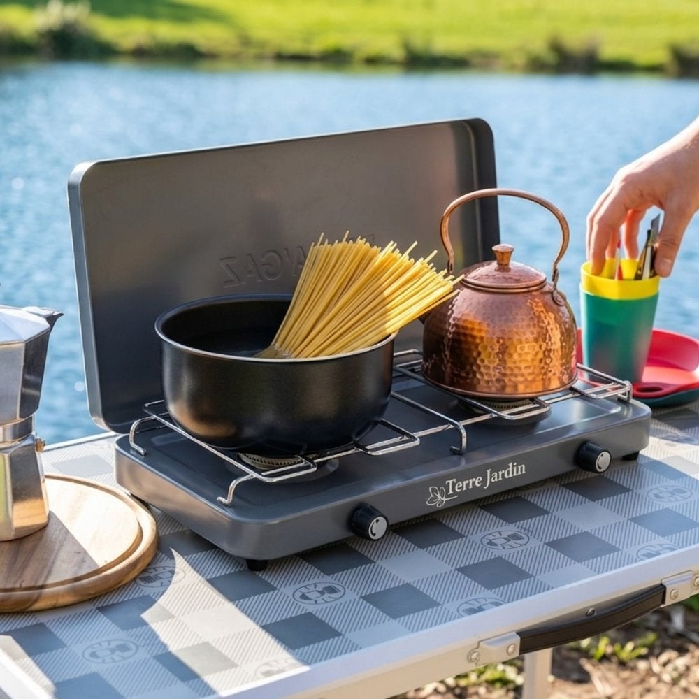 Réchaud de camping 2 feux gaz anthracite 42 × 22 cm avec couvercle pliable Terragaz - 4
