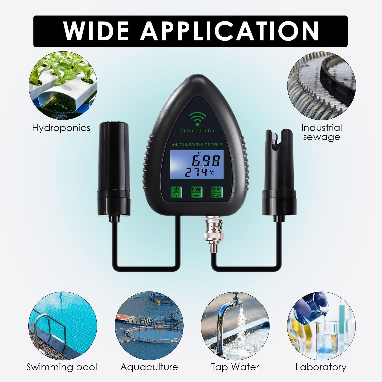 Testeur de qualité de l'eau Tuya WIFI 5 en 1, surveillance en ligne du pH/TDS/salinité/SG/température, facile à calibrer, avec fonction d'alarme - 7