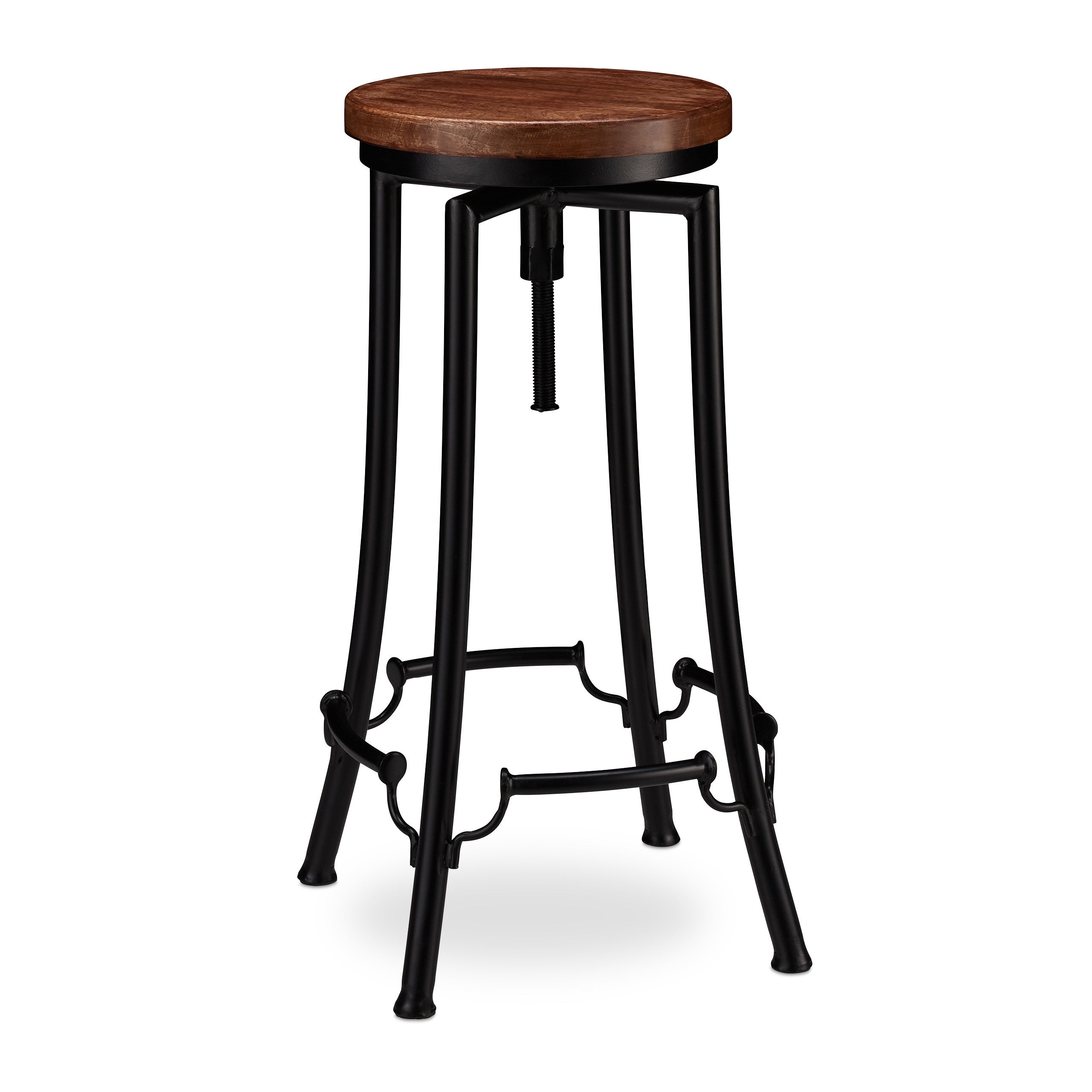 Sgabello Da Bar Industriale Regolabile In Altezza 62-72 Cm – Seduta In Legno Di Pino, Base In Metallo, Girevole, Vintage, Per Cucina E Isola