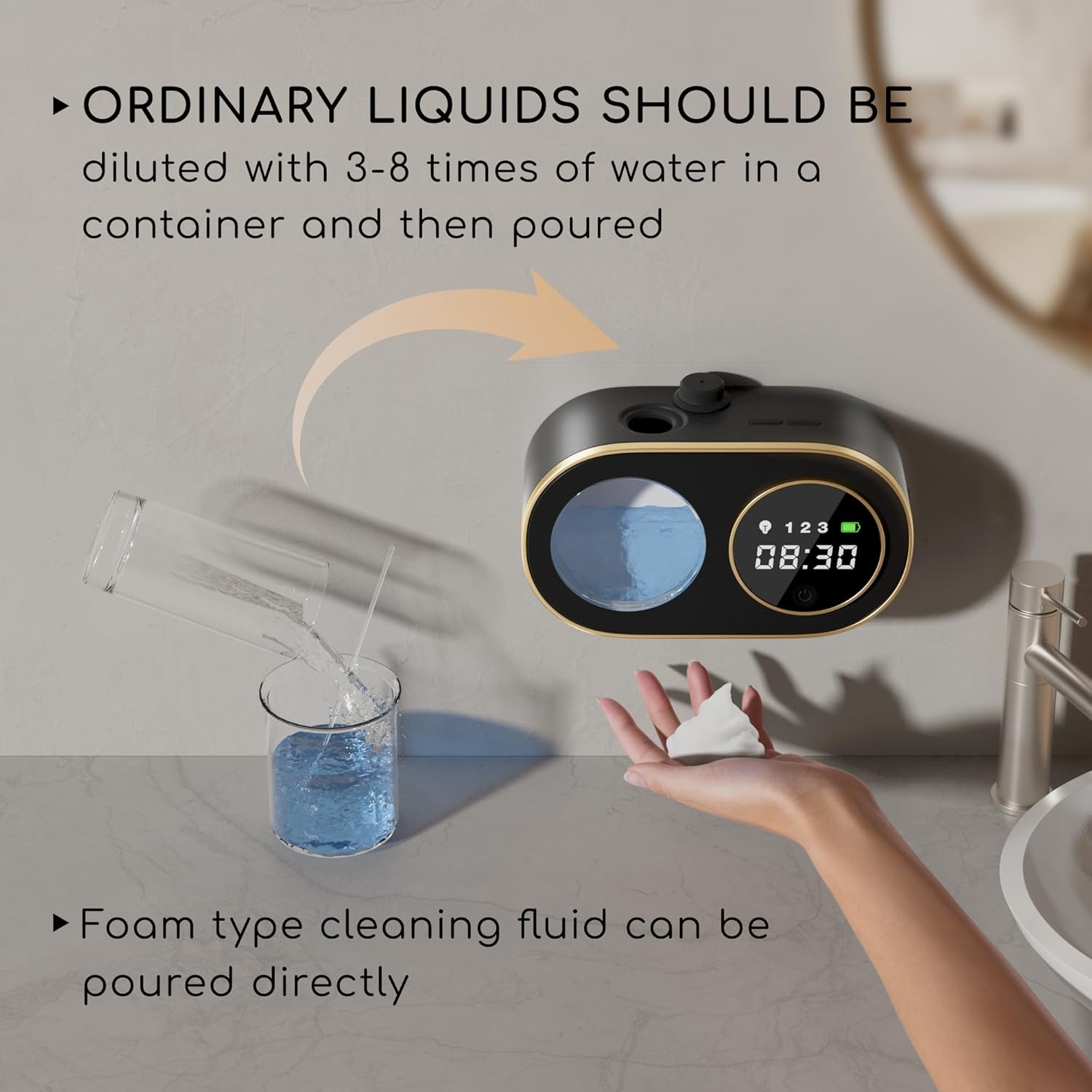 Dispenser automatico di sapone senza contatto nero con display LED ad alta definizione. Dispenser di sapone in schiuma ricaricabile da parete, adatto - 5