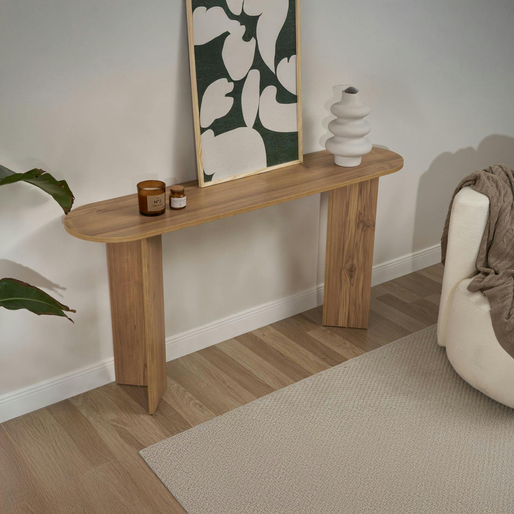 Console de salon ovale effet chêne - pieds en V MARFA - 3