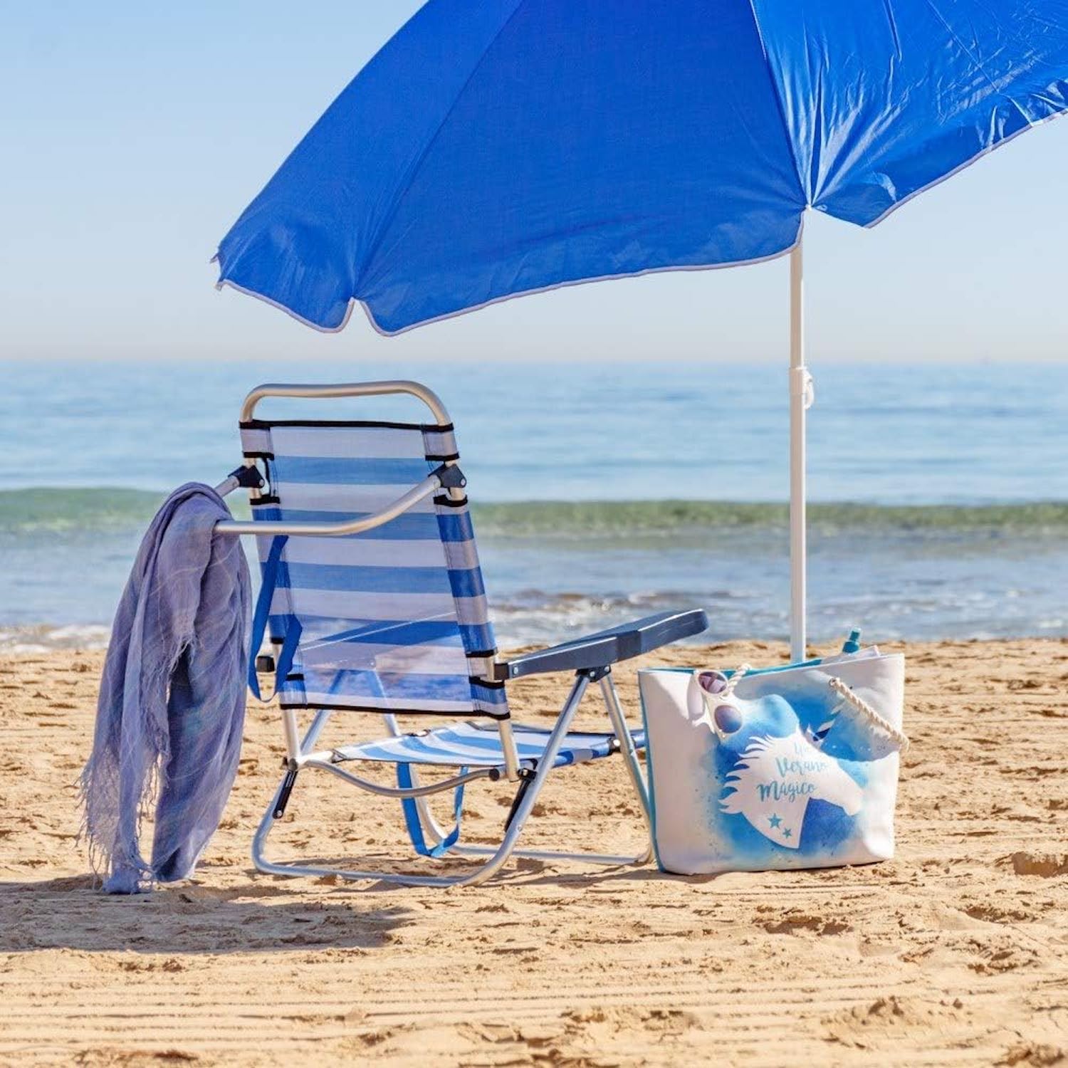 Pacote de 2 Cadeiras de praia dobráveis conversíveis em cama de alumínio listra azul - 9