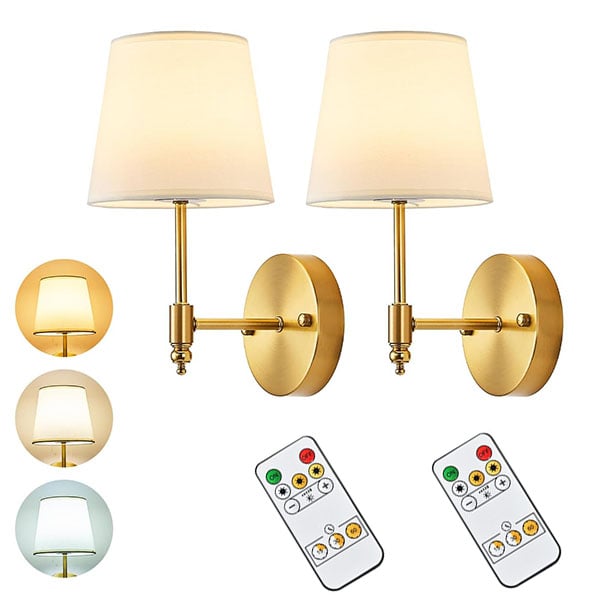 Zestaw 2 bezprzewodowych kinkietów ściennych do salonu z pilotem i żarówką, 3 regulowane kolory, regulowany timer, regulowana jasność - miedziany
