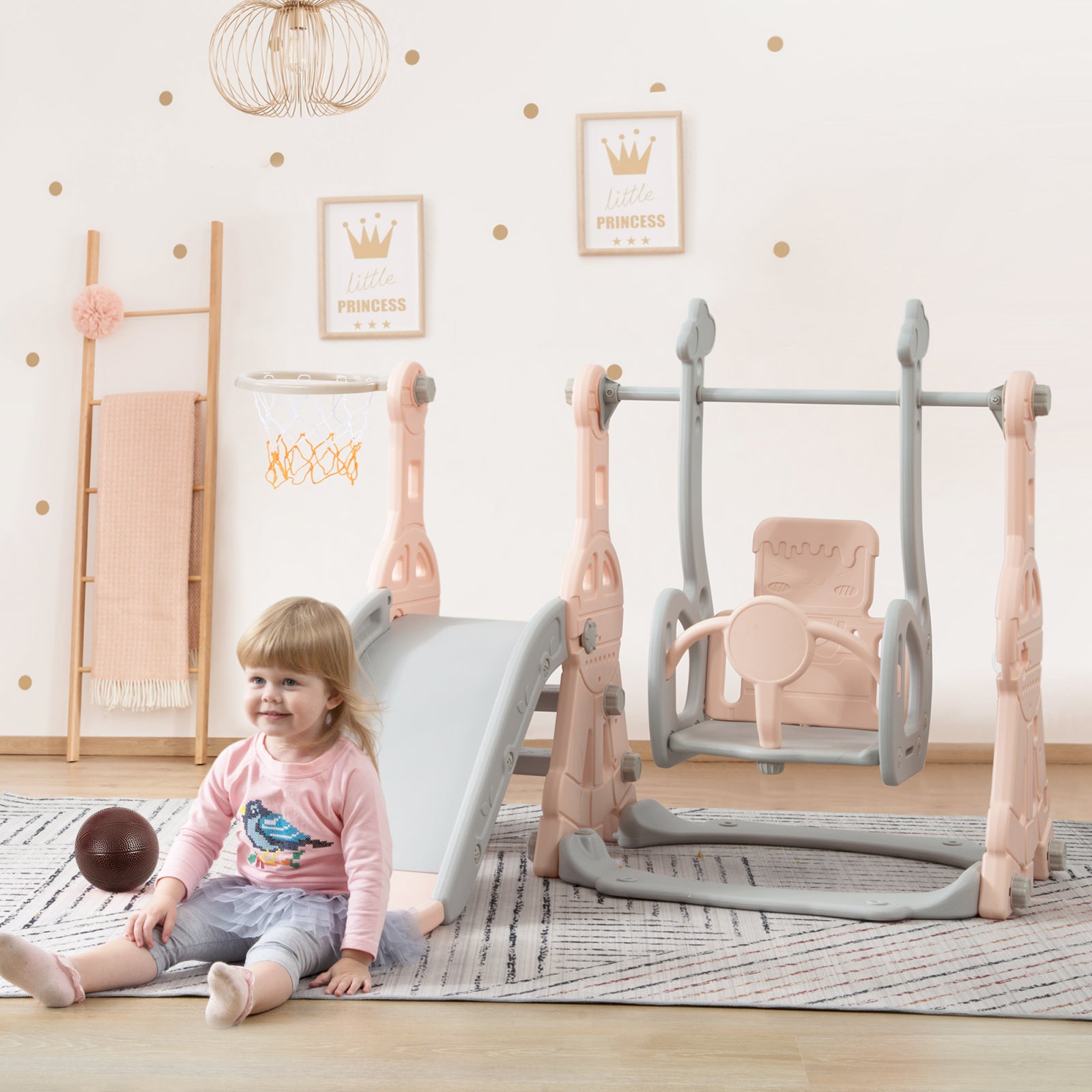 Toboggan Enfant 4 en 1 Toboggan Bebe avec Balançoire et Panier de Basket pour Les Enfants de 1 à 6 Ans, Aire de Jeux Intérieure et Extérieure, Rose - 8