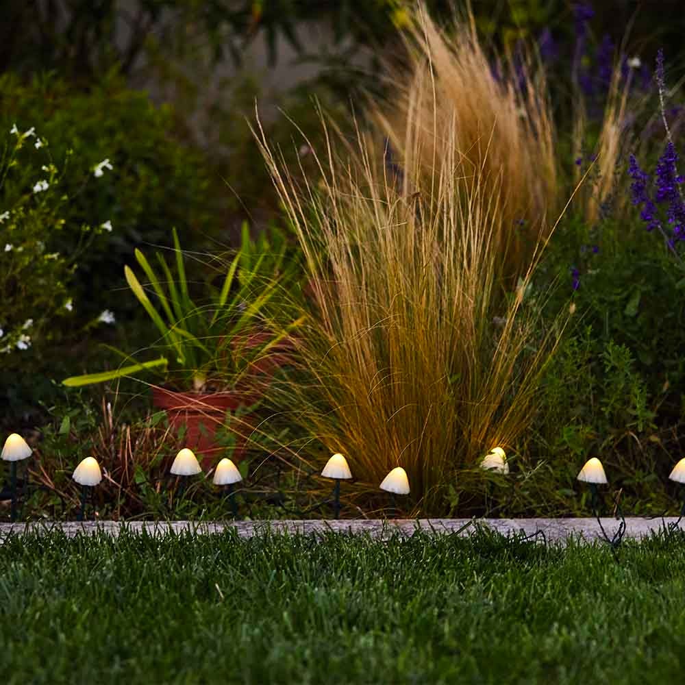 10 mini-champignons lumineux solaires a piquer - LUMISKY - CHAMPY - 3.8 m - Balisage allée - LED blanc chaud - 6