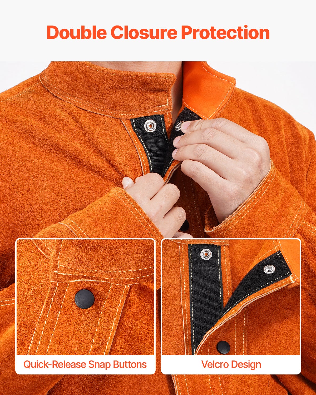 Jaqueta soldagem antichama,VEVOR couro,impermeável e térmica,tamanho L,botões de pressão,4 bolsos,punhos ajustáveis,soldadores e montadores - 4