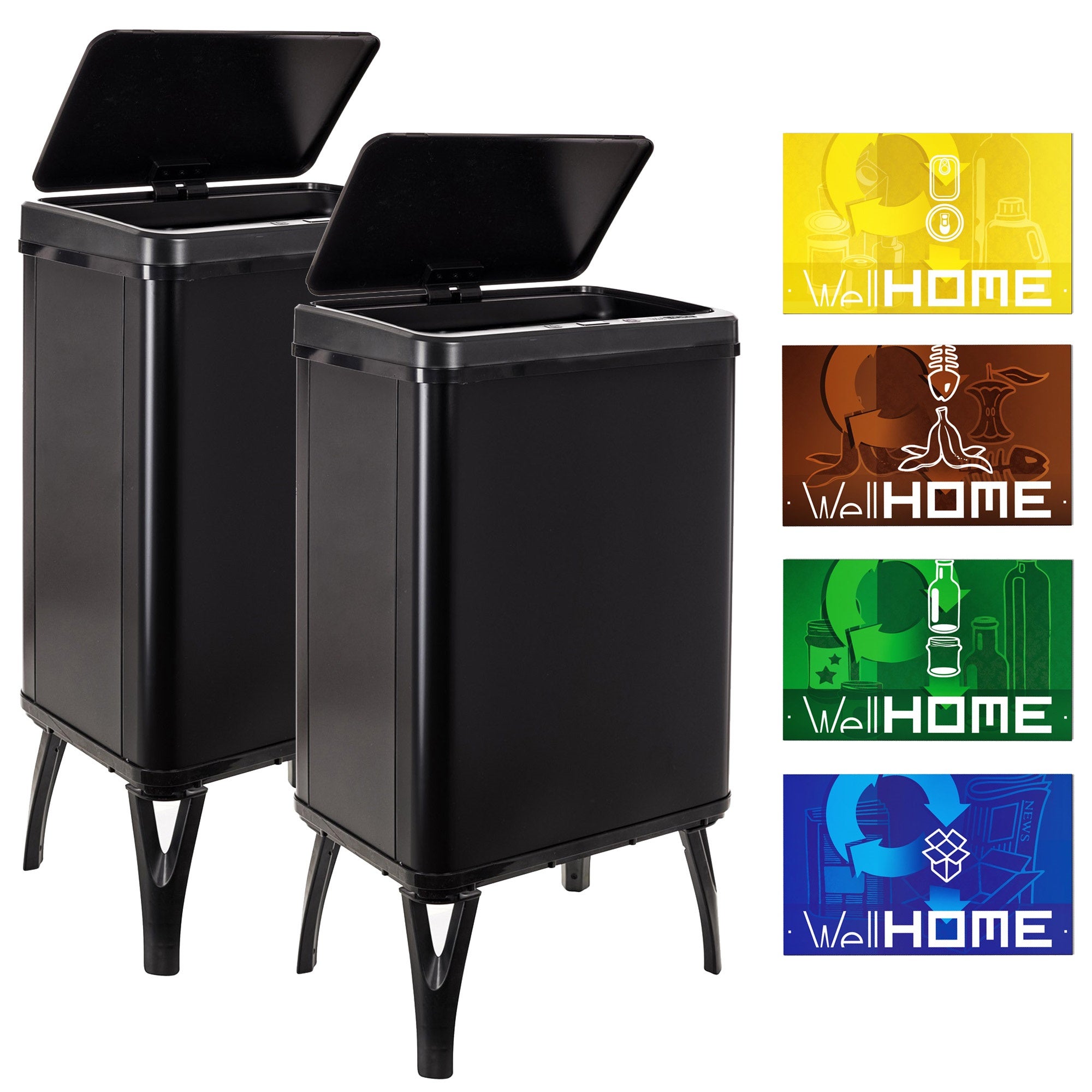 WellHome - Pattumiera verticale da 70 litri con 2 scomparti (40 litri + 30 litri) nera con sacchi per rifiuti adattati da 30+10 litri