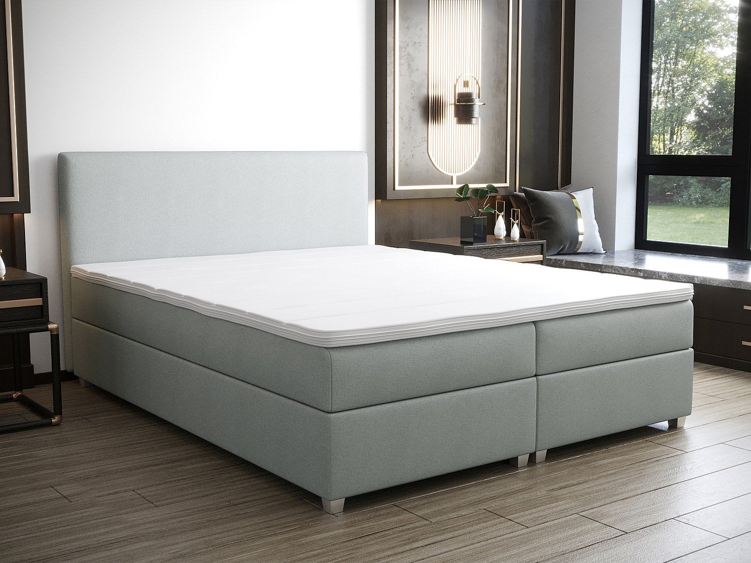 Zestaw łóżko kontynentalne z zagłówkiem + stelaż + materac + nakładka na materac - 180 x 200 cm - Tkanina - Jasnoszary - ONAN marki YSMÉE