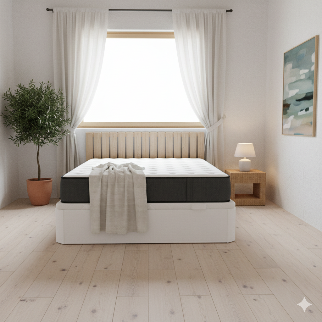 Pack Lit coffre en bois blanc + Matelas Hybride Altus 90x190 - 3
