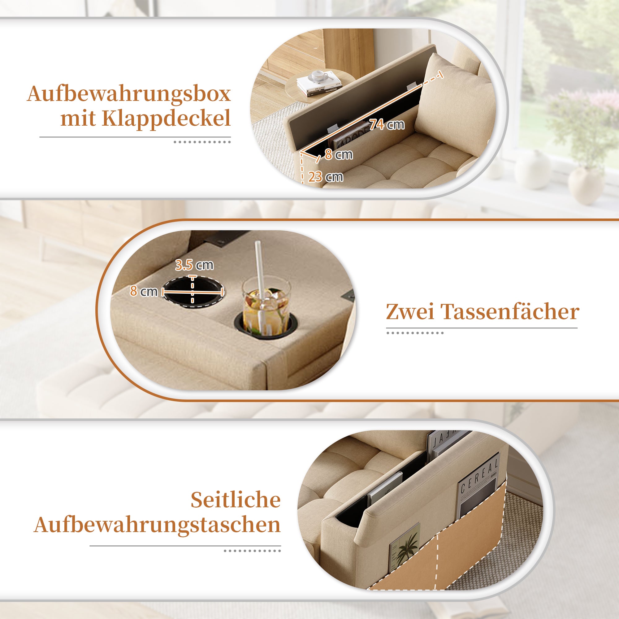 Canapé convertible 2 places avec rangement et dossier réglable, canapé pliant - 159 x 142.5 x 92 cm - Tissu en coton-lin - Beige - 5