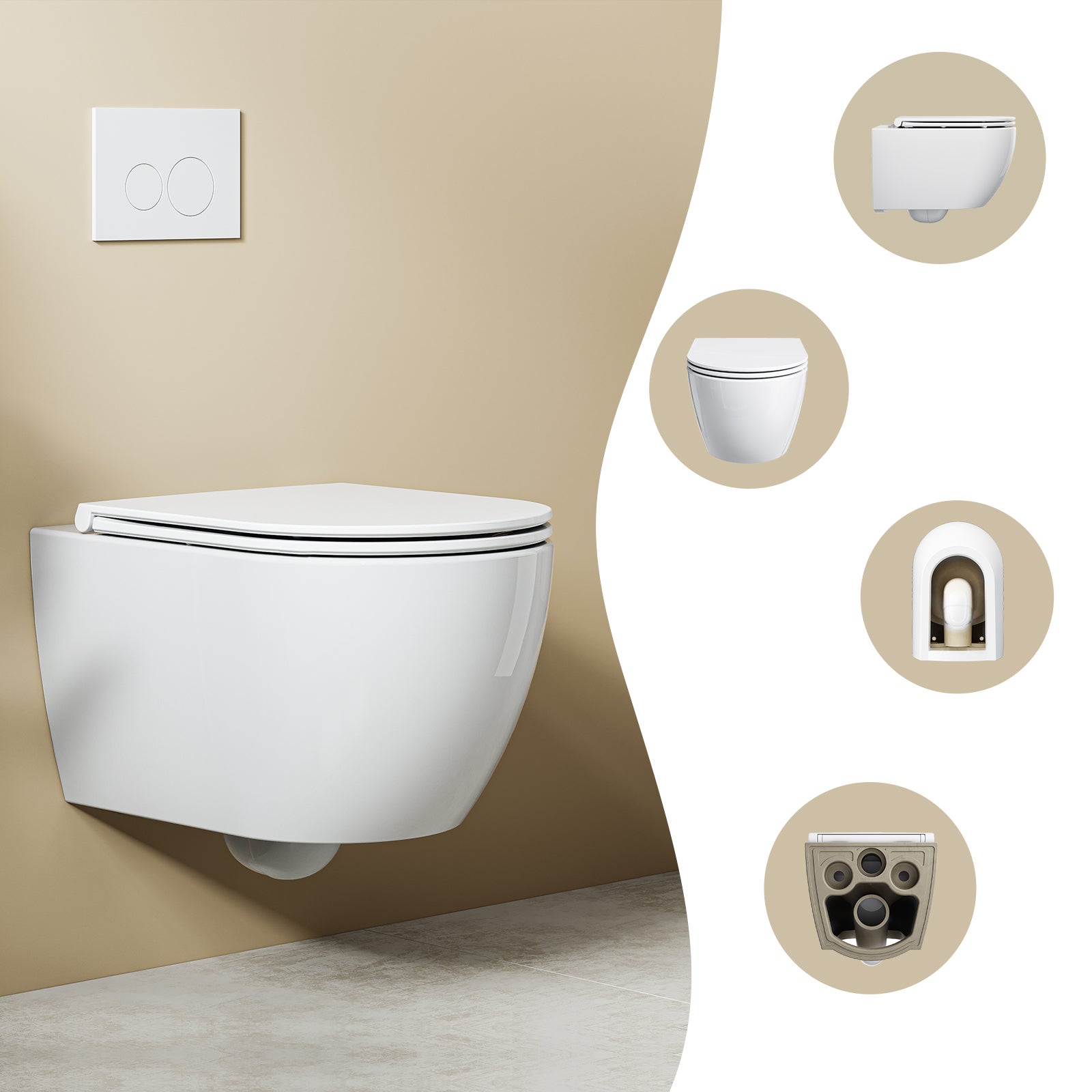 HOROW WC Suspendu sans bride Céramique, toilettes suspendues avec abattant, Conception de chasse d'eau à double orifice à 360° - 525 x 358 x 360 mm - 2