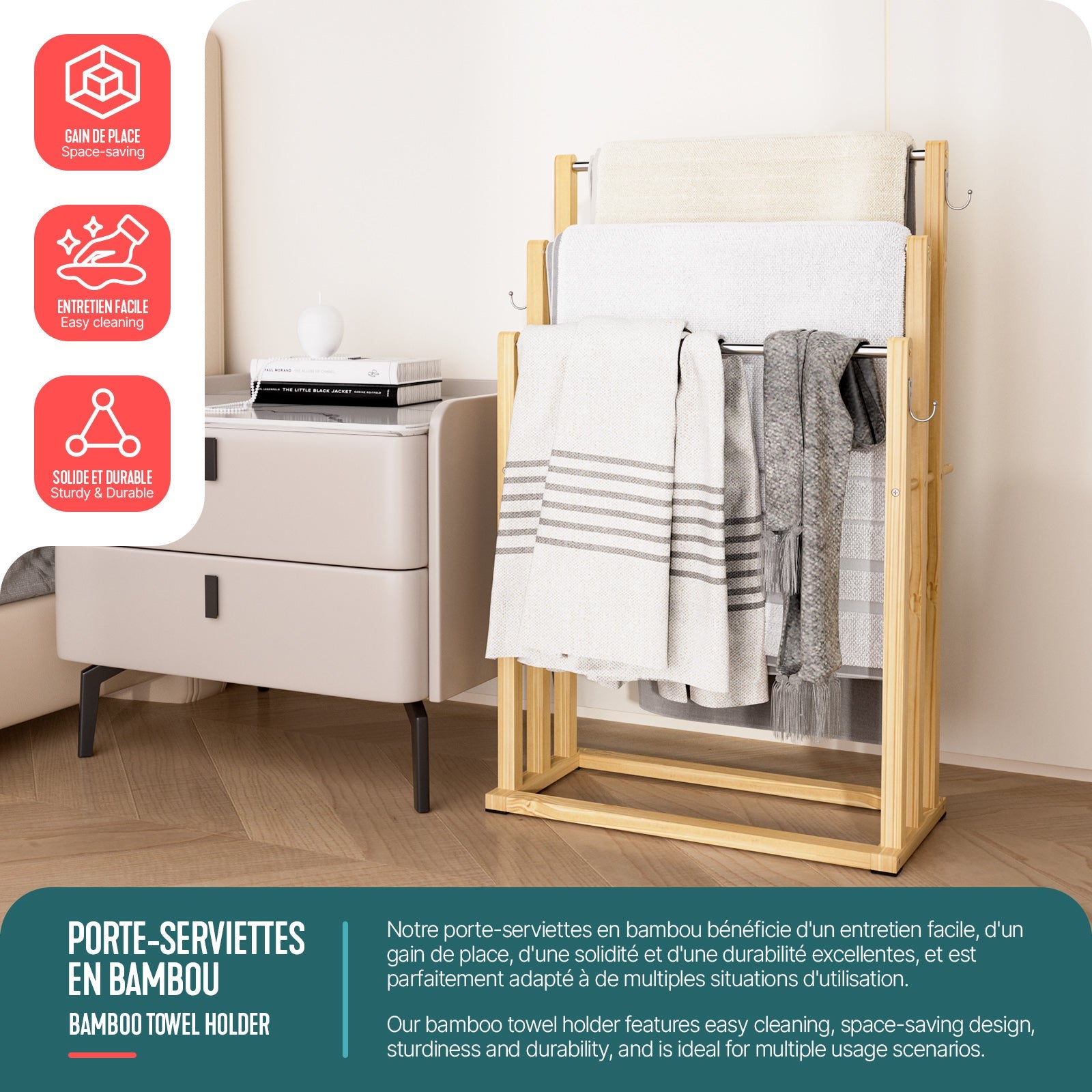 Porte-serviettes autoportant sur pied - Support à 3 niveaux avec crochets - Bambou - VOUNOT® - 4