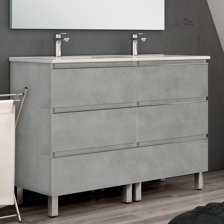 Meuble de salle de bain double vasque - 6 tiroirs - PALMA et miroir Led STAM - ciment (gris) - 120cm - 2