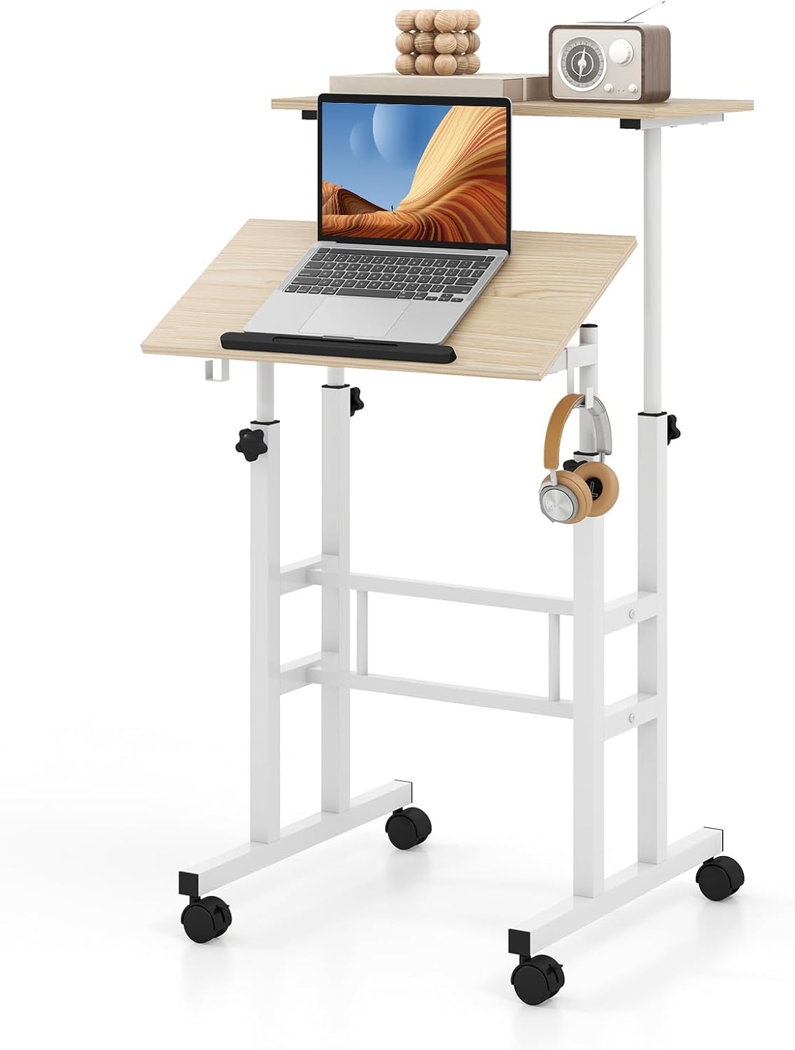 Panta Scrivania mobile per computer, regolabile con 3 scrivanie, tavolo portatile con portabicchieri, postazione di lavoro per laptop per casa e ufficio su ruote bloccabili, cachi