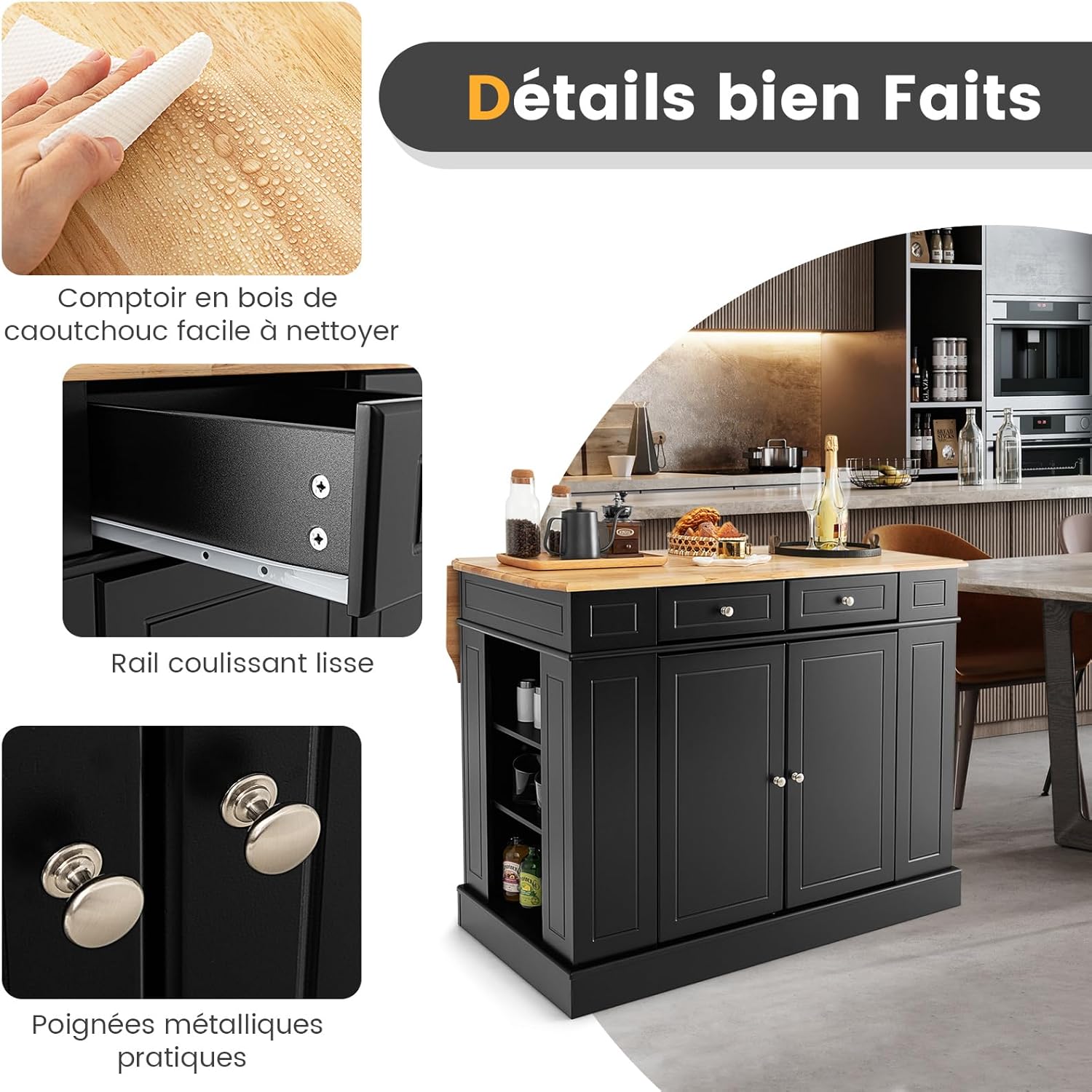 Ilot Central Cuisine Comptoir en Bois d'Hévéa Pliable, Étagères Réglables , 61 x 120 x 92 cm, Noir - 8
