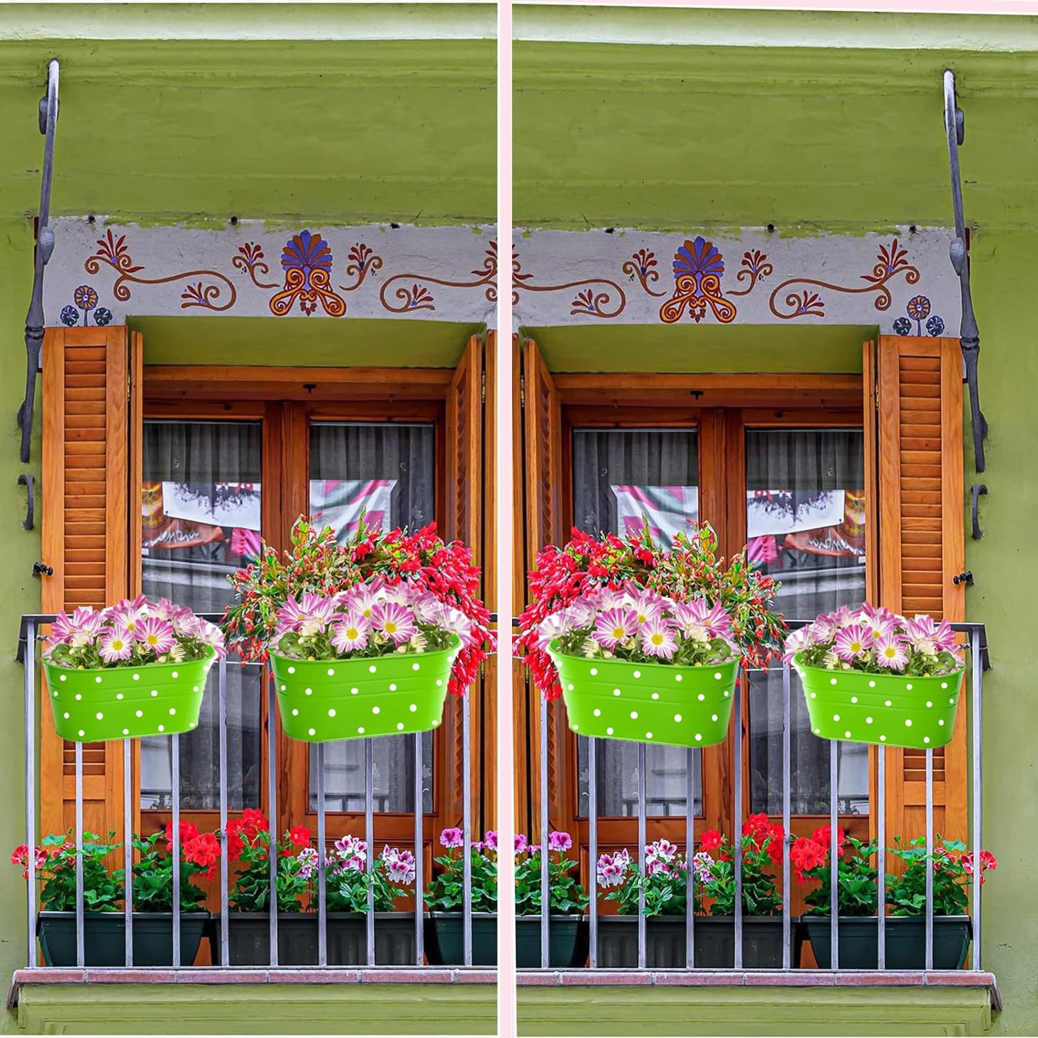 Lot de 4 pots de fleurs suspendus en métal avec trou de drainage - Avec double crochet amovible -Pour décoration de jardin et balcon -vert - 3