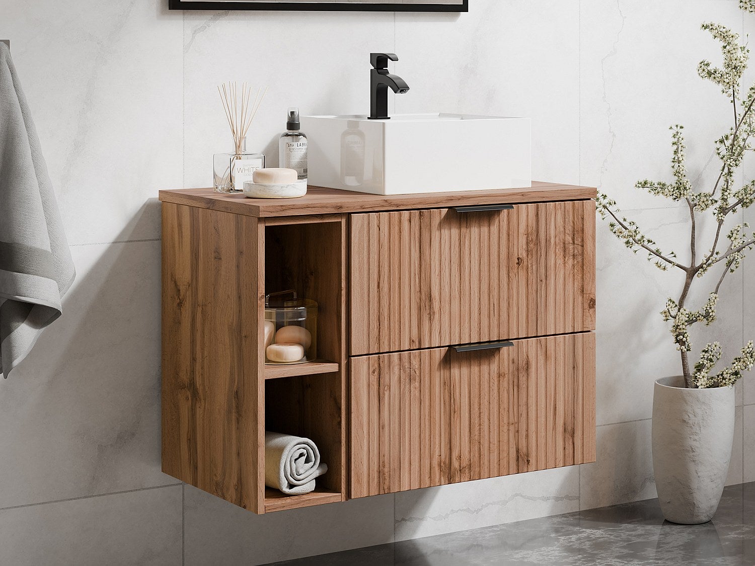 Szafka łazienkowa wisząca ryflowana z wnękami i kwadratową umywalką nablatową - Naturalny jasny - szer. 80 cm - ZEVARA