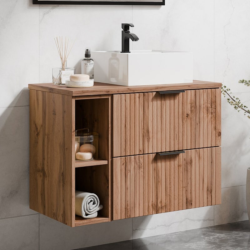 Szafka łazienkowa wisząca ryflowana z wnękami i kwadratową umywalką nablatową - Naturalny jasny - szer. 80 cm - ZEVARA
