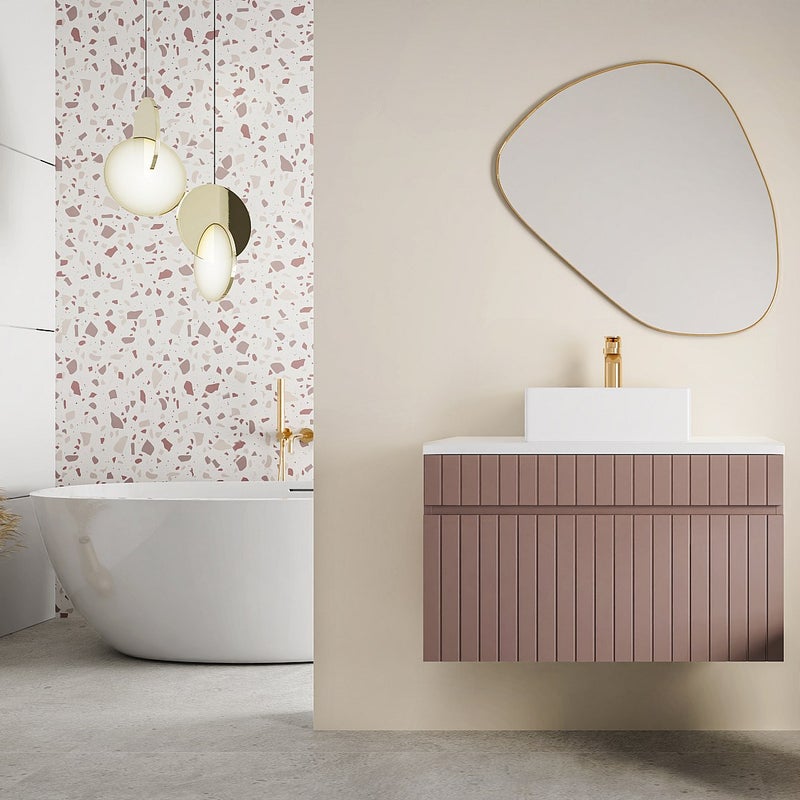 Szafka łazienkowa wisząca ryflowana różowa z umywalką nablatową - 80 cm - SATARA
