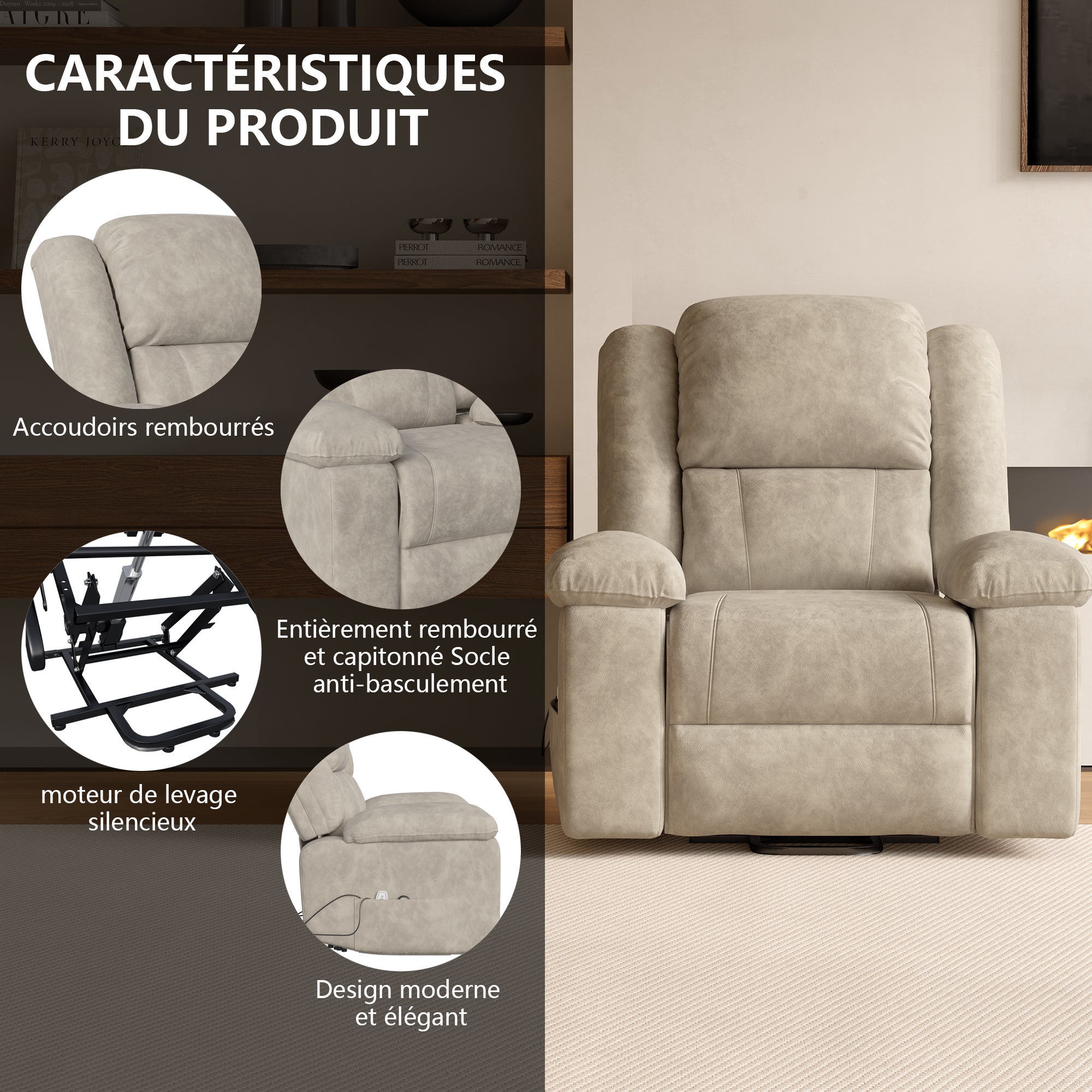 Fauteuil releveur électrique,fauteuil massant relaxation avec fonction massage et chaleur,aide à la verticalisation,chauffage,repose-pieds,port usb - 4