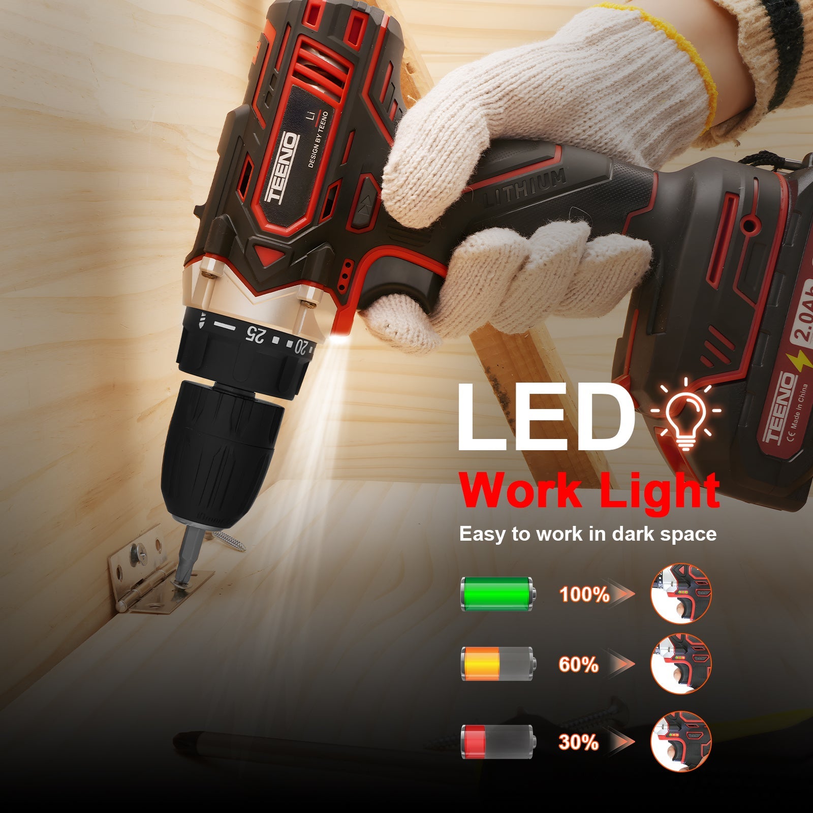 TEENO Perceuse Visseuse Sans Fil 21V Pour Batterie Makita 2x2.0Ah Batteries,45 Nm Visseuse Devisseuse Sans Fil,25+1 Réglages de Couple,2 Vitesses,46 - 8