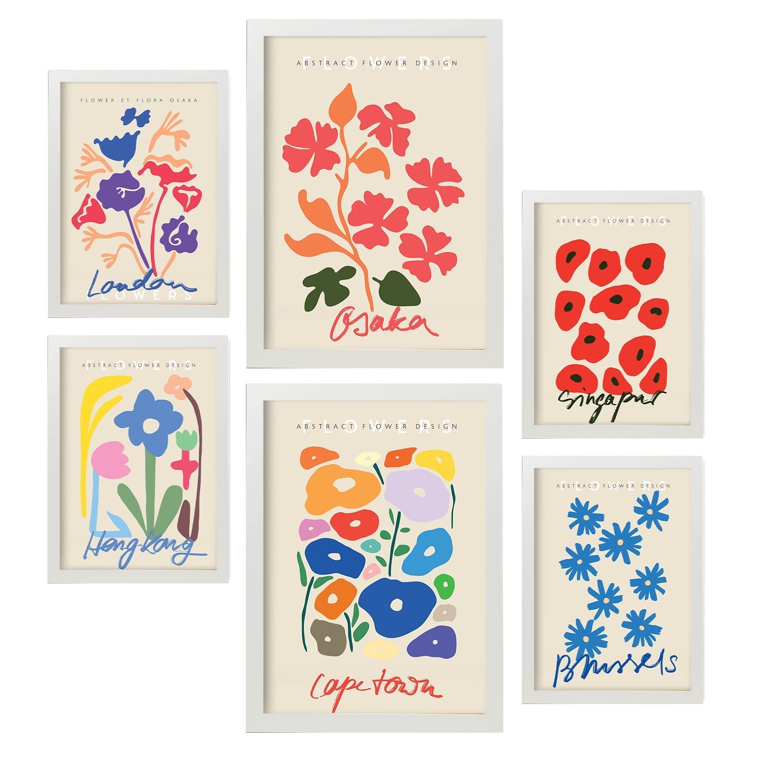Set de 6 posters de floral. coleccion de láminas con estetica collage para la tamanos a3 y a4 con marco blanco