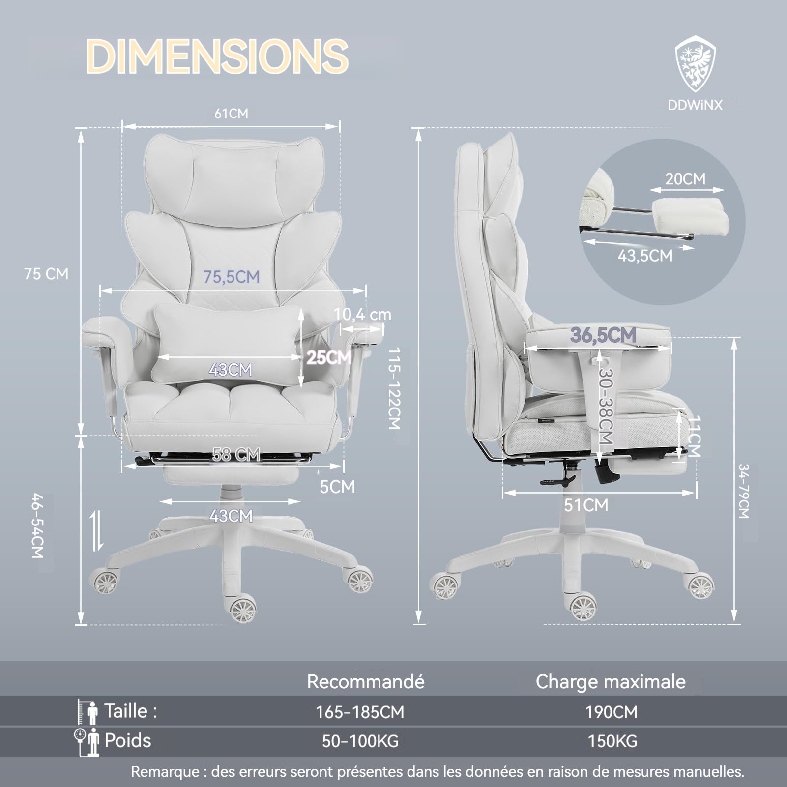Chaise de bureau chaise de bureau ergonomique avec accoudoirs et repose-pieds, chaise d'ordinateur (matériau PU, blanc) - 7