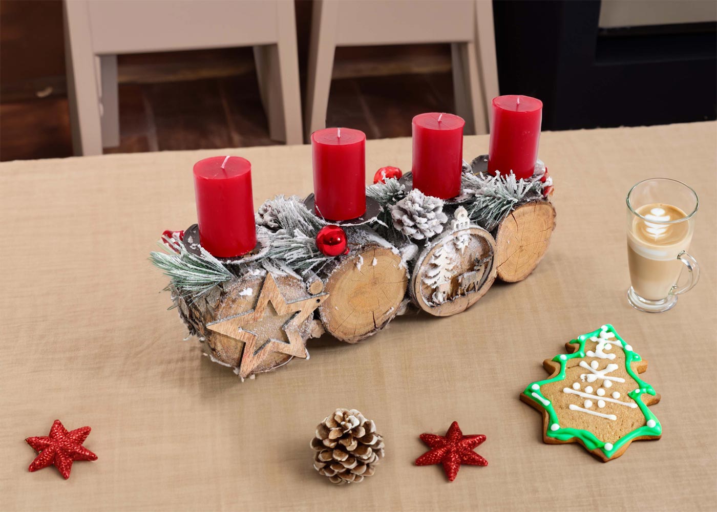 Portacandele con 4 candele led 2 cm bianco caldo sfere legno 10x80x20cm | vendita online su