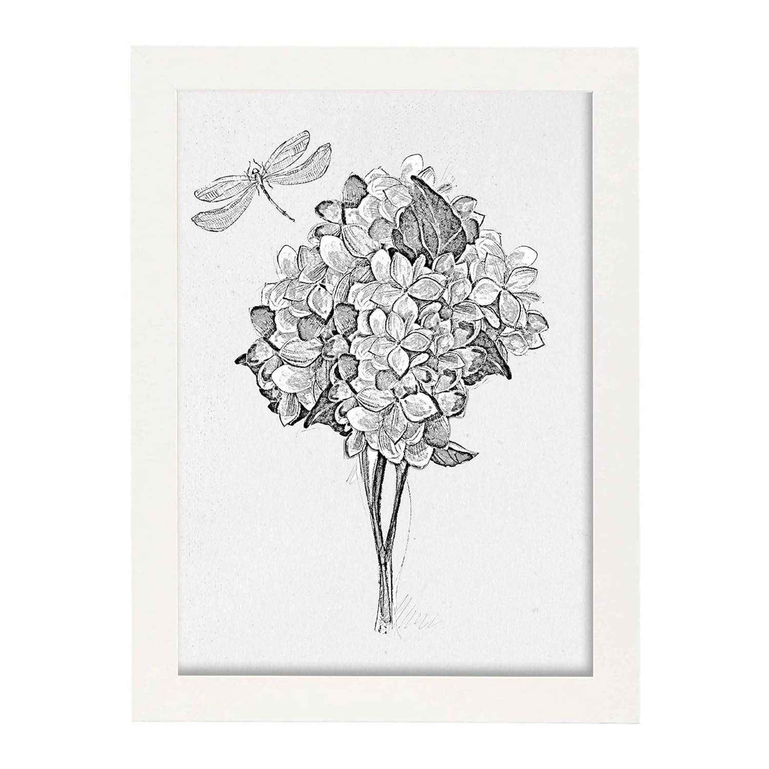 Poster de ramas con estilo de oleo. lamina ramo y libelula, con dibujos pintados de ramas, hojas, y flores. marco negro - a3